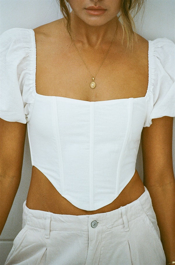 Exclusively Designed Off-White Natural Cotton Linen Blend Rumi Puff Top
