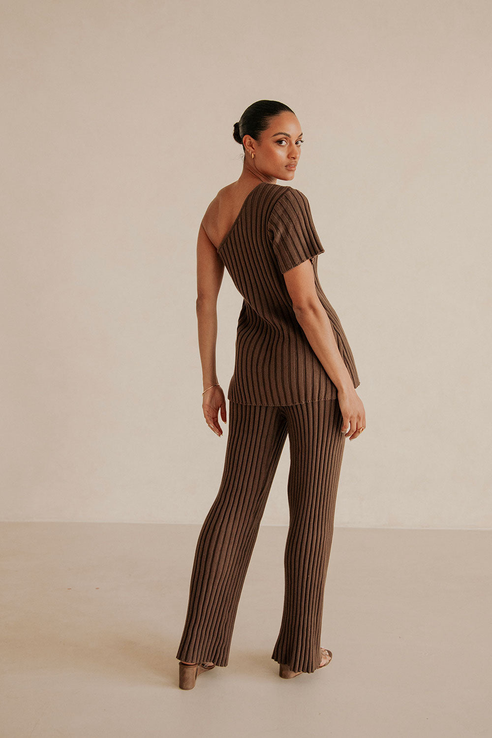 Stylish Chocolate Brown Natural Ribbed Cotton Knit Neena Women's Pants