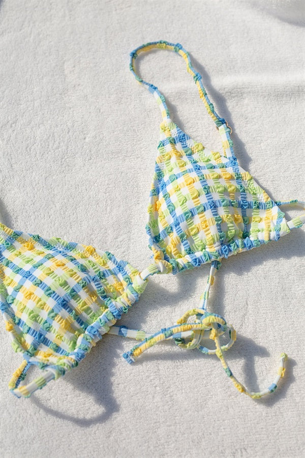 Sebastian Blue Tri Top with Textured Seersucker and Removable Padding