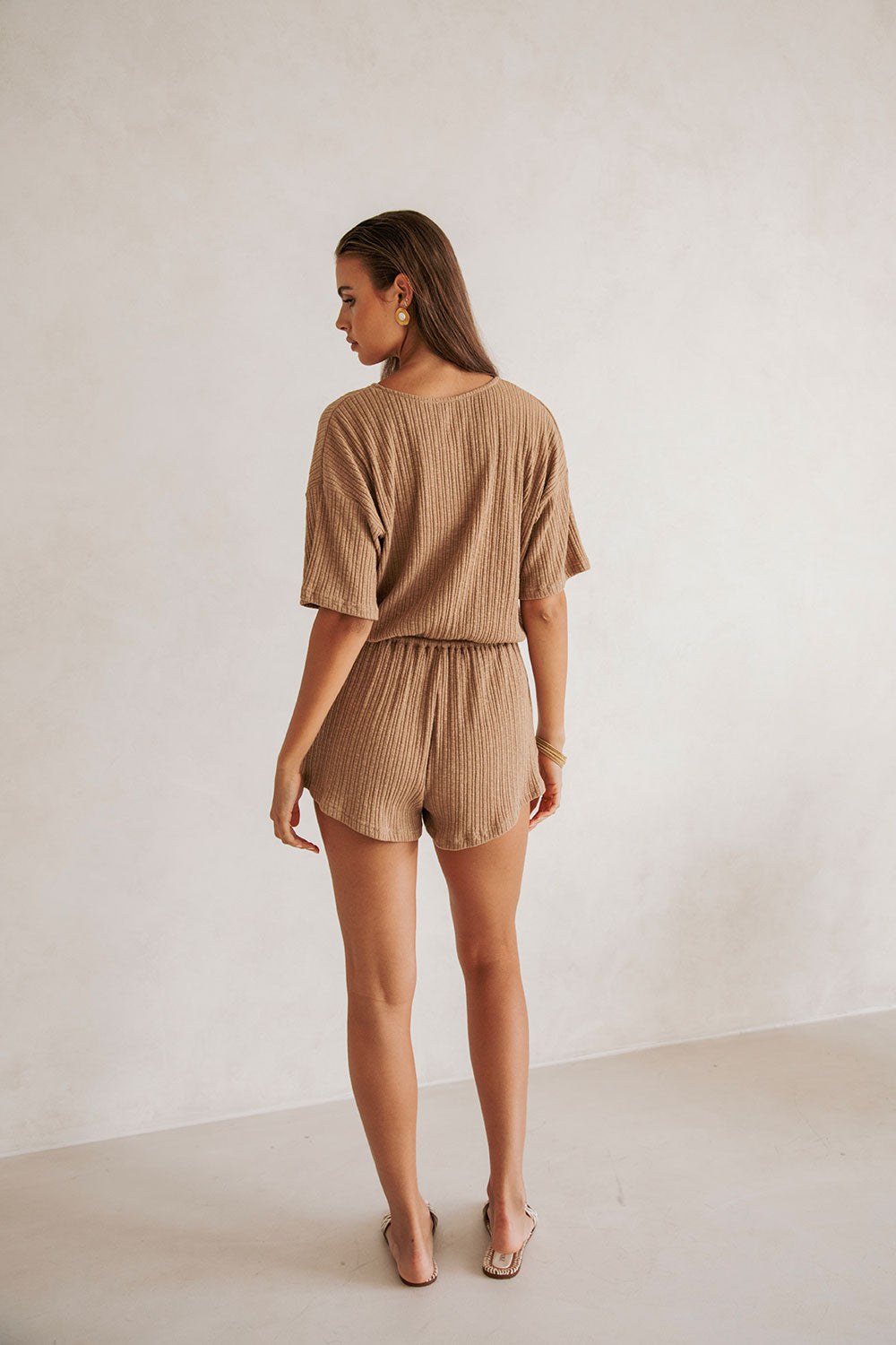 Sabo's Exclusive Juniper Tan Textured Ribbed Biscotti Colored Playsuit for a Comfy and Cute Look