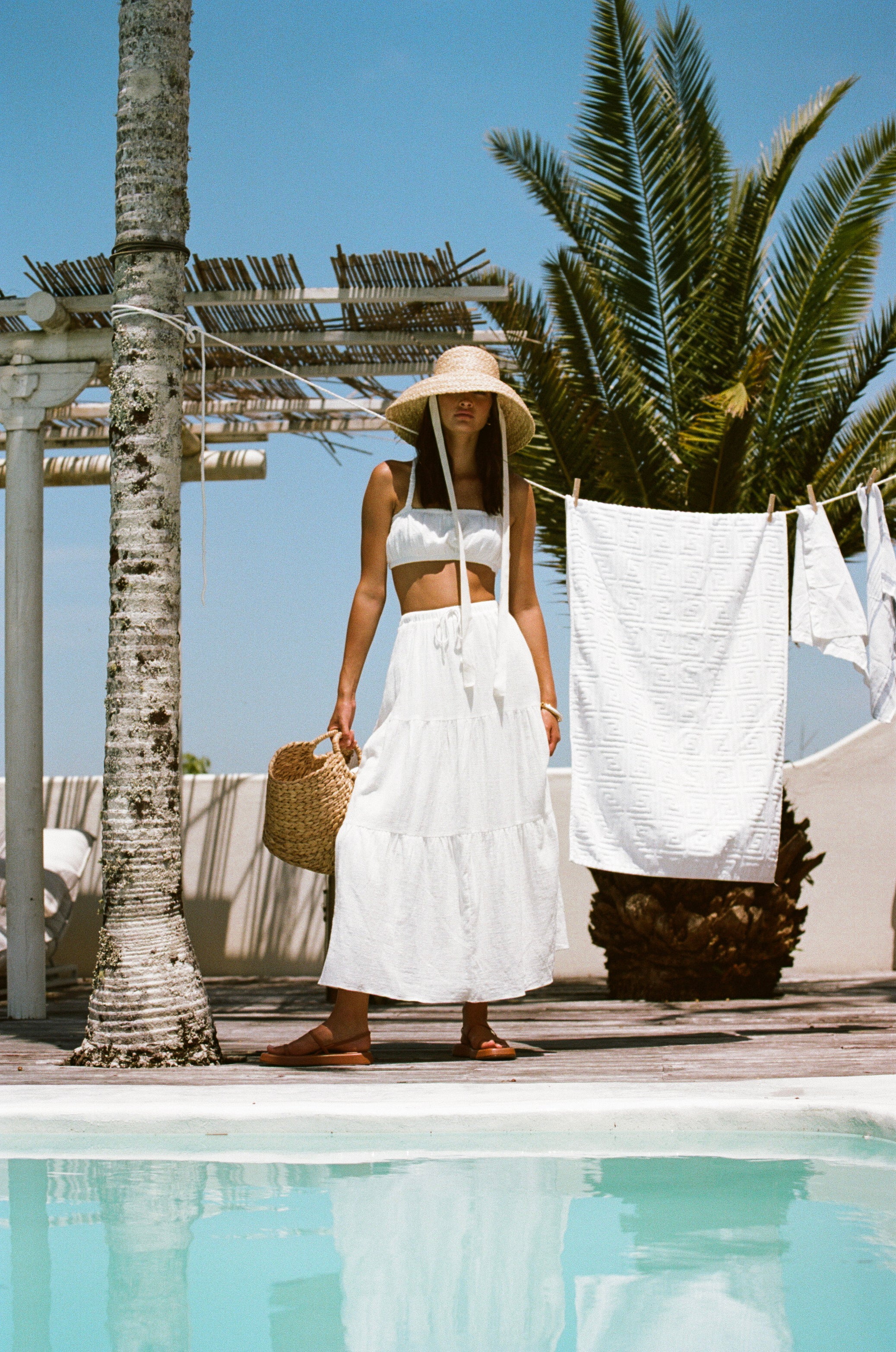 Exclusive Sabo-Designed Off-White Raw Cotton High-Waisted Elasticated Drawstring Nixie Midi Skirt