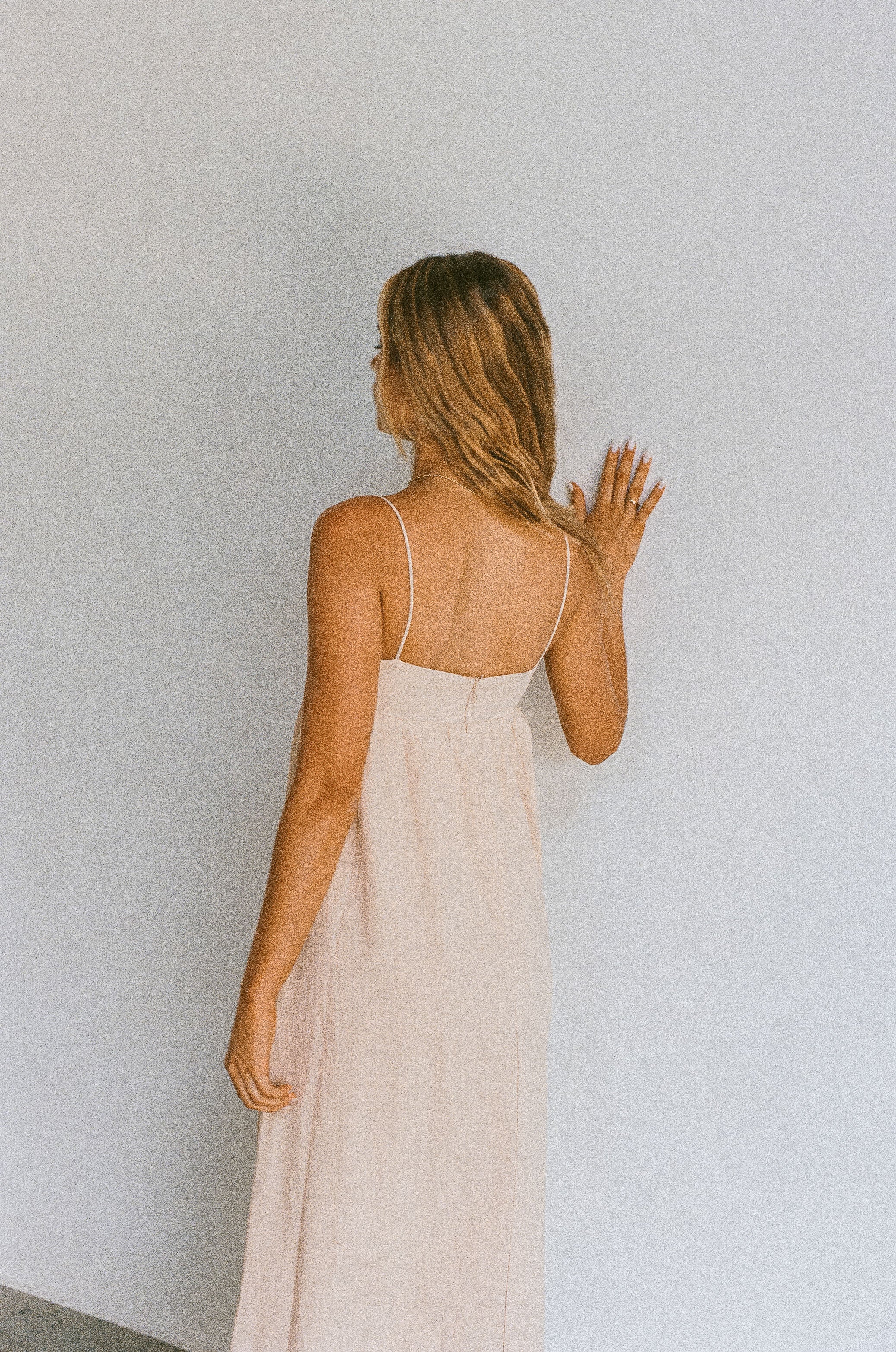 Stylish Tan Azaria Dress with Flowy Skirt and Thin Straps
