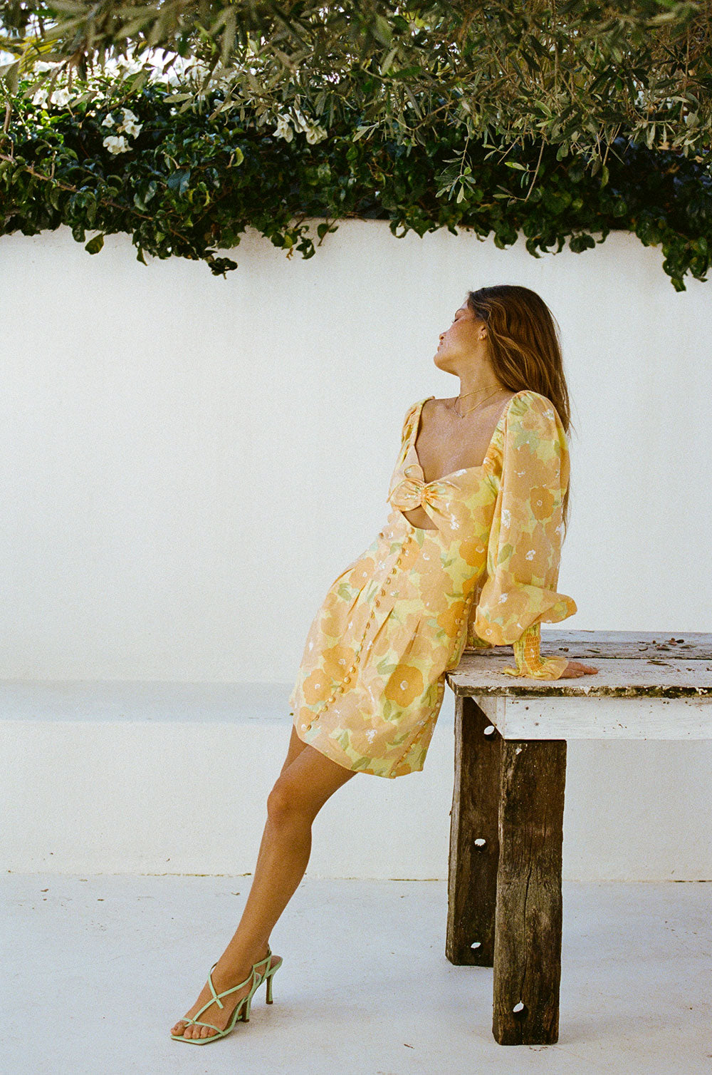 Exclusive Blooming Floral Citrus Print Zayda Puff Linen-Cotton Blend Dress
