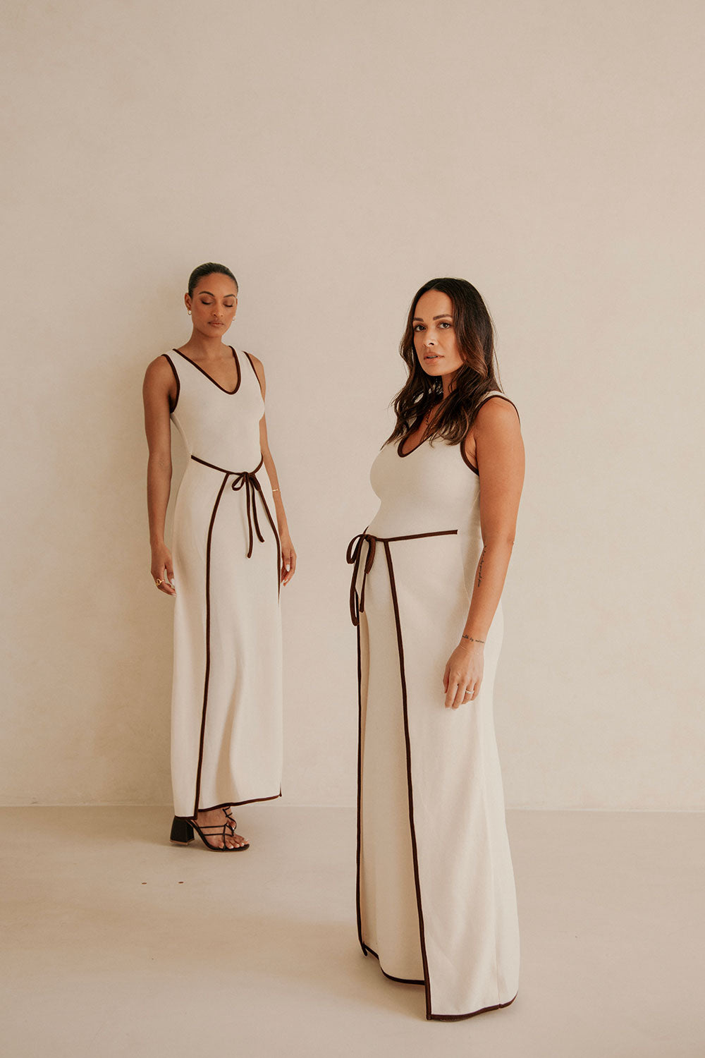 Elegant Creamy Beige Jazmin Maxi Dress with Brown Bind Details