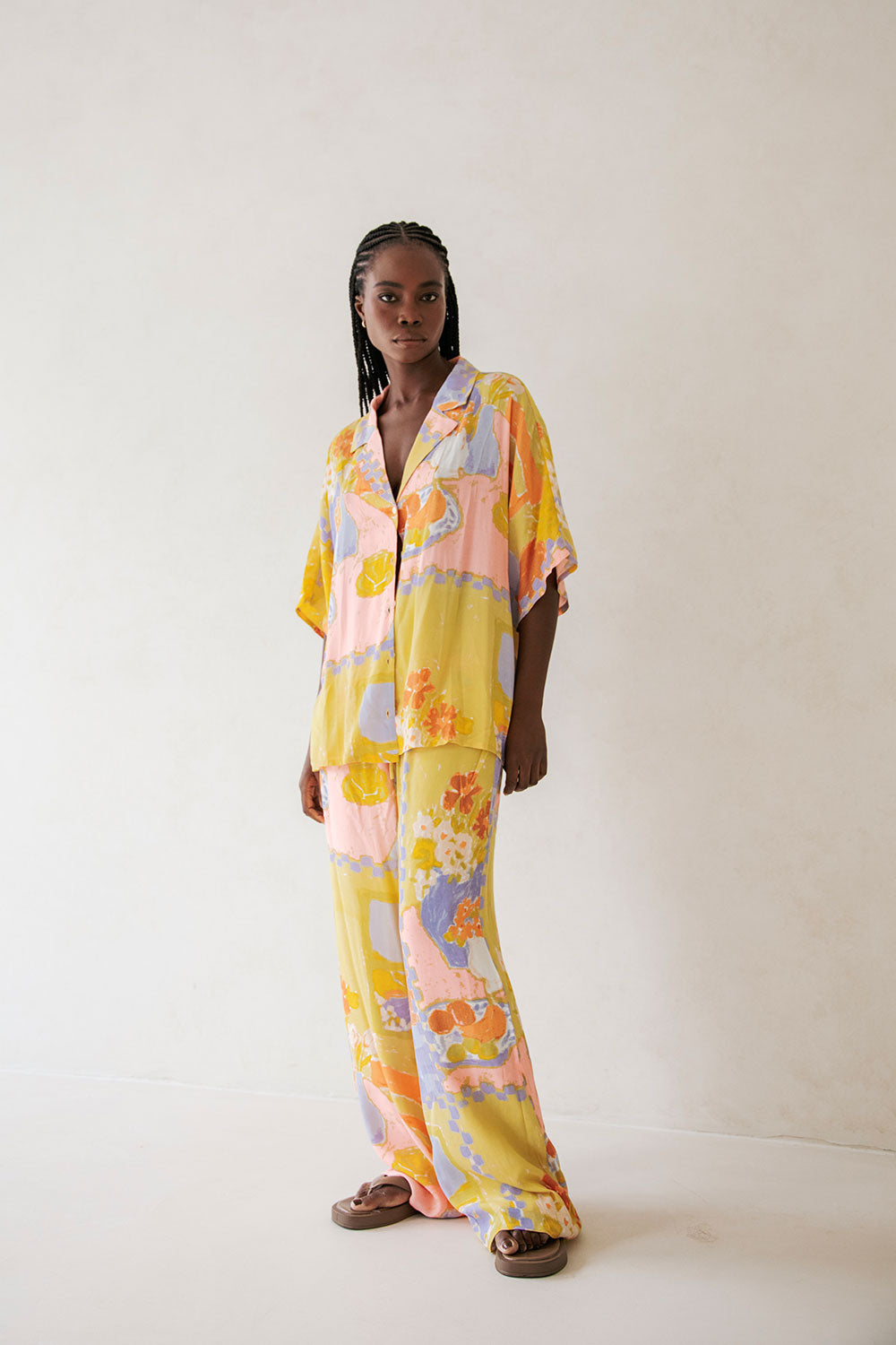 Morning Peach Print Relaxed Resort-Style Chey Top