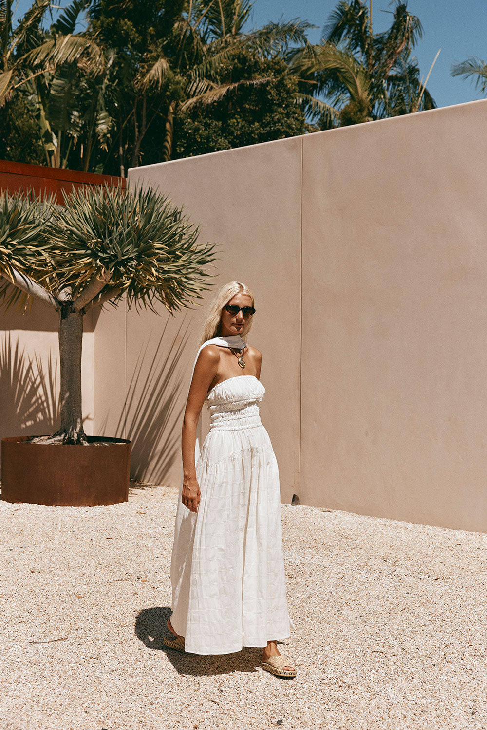 Elegant White Self - Check Cotton Strapless Delta Maxi Dress