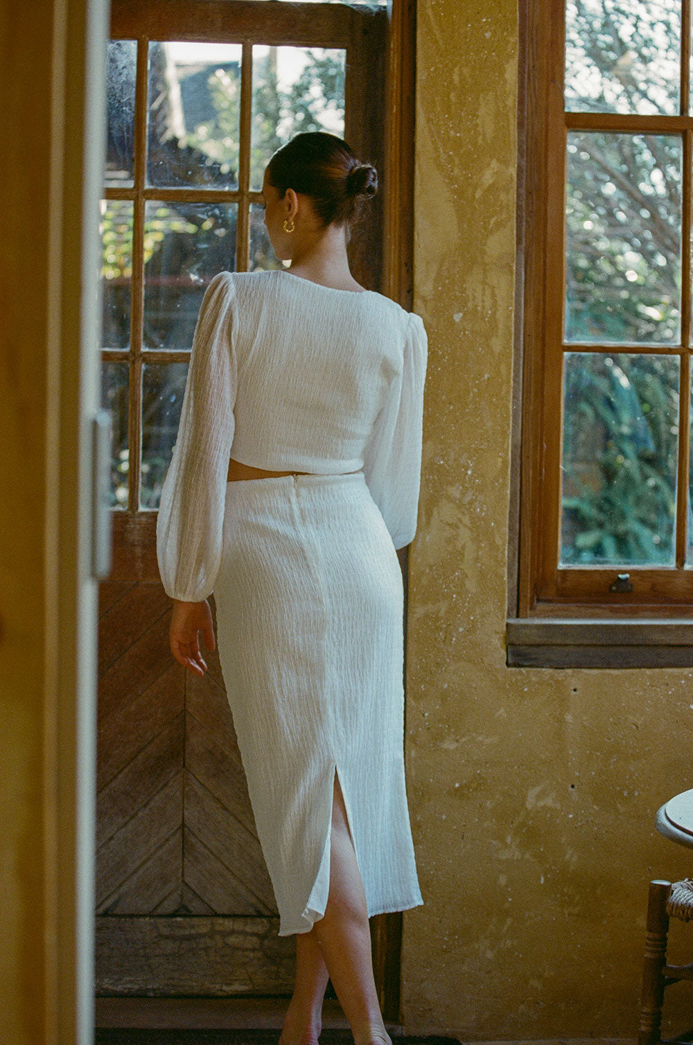 Exclusively Designed Off-White Textured Crepe Tasmin High-Waisted Midi Skirt