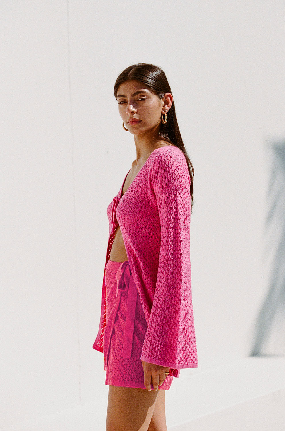 Vibrant Pink Cotton Blend Jacquard Knit Baylie Top with Flared Sleeves