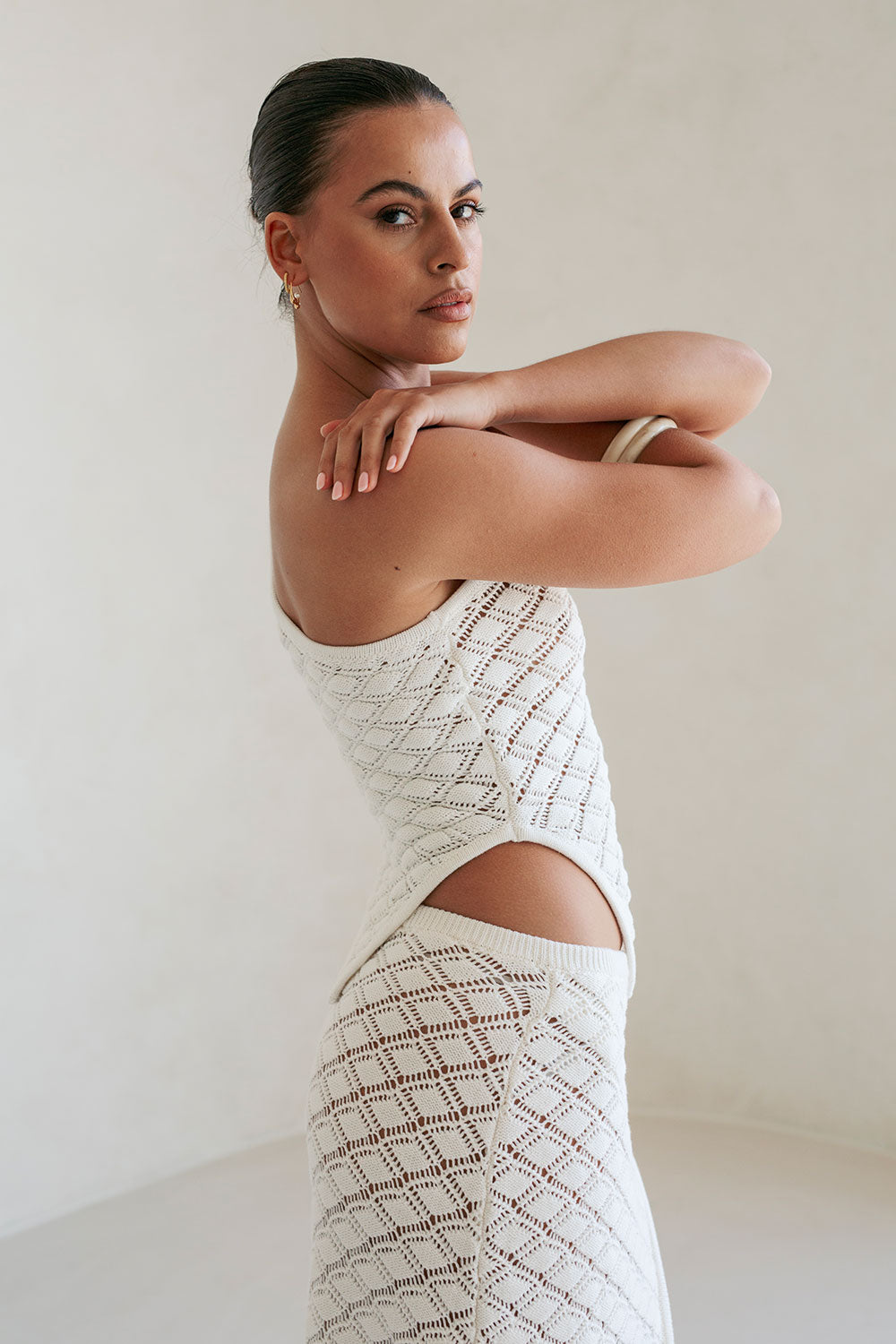Exquisite White Natural Cotton Pointelle Knit Ria Women's Top