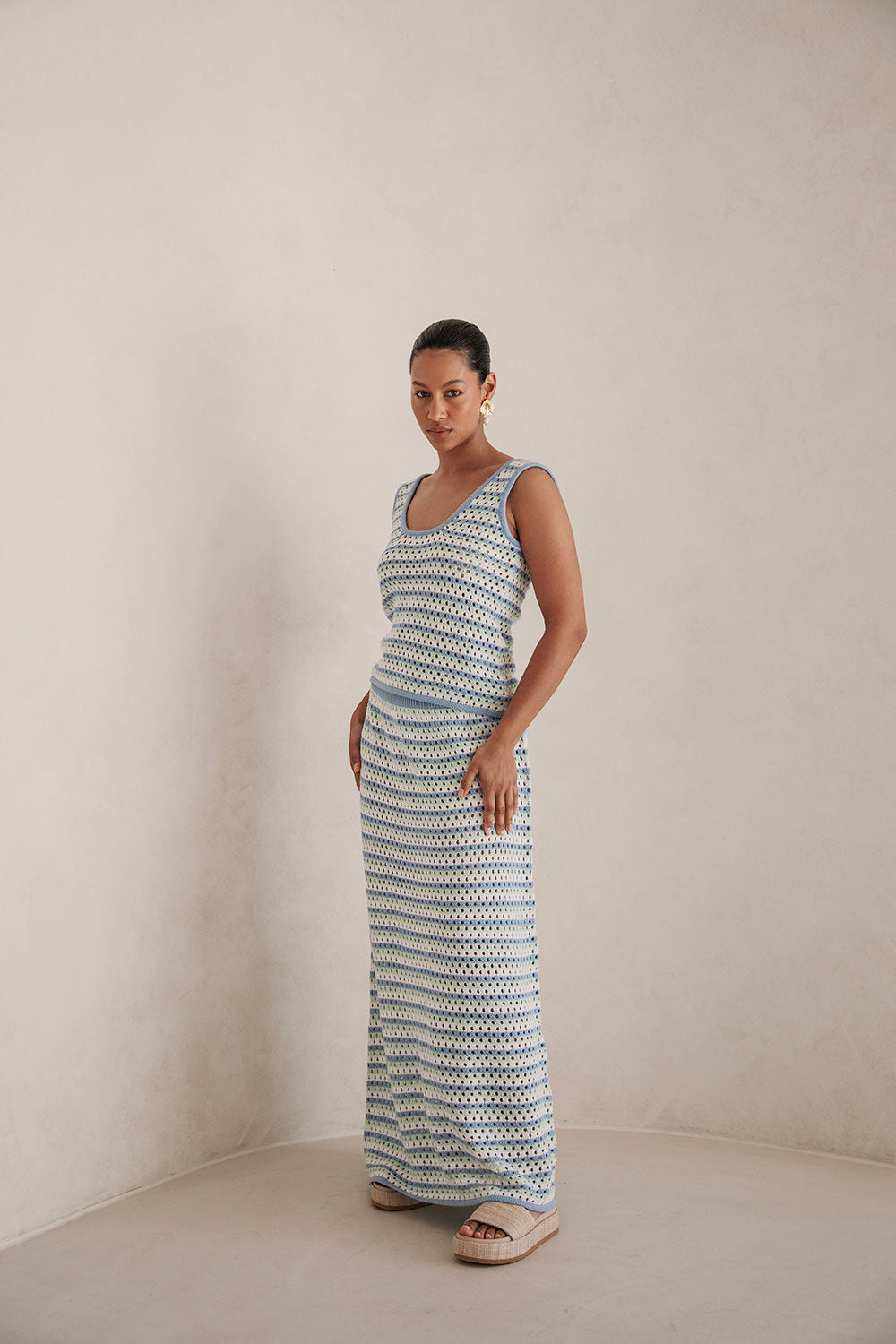 Blue Erin Knit Top with Vintage Charm and Stripe Design