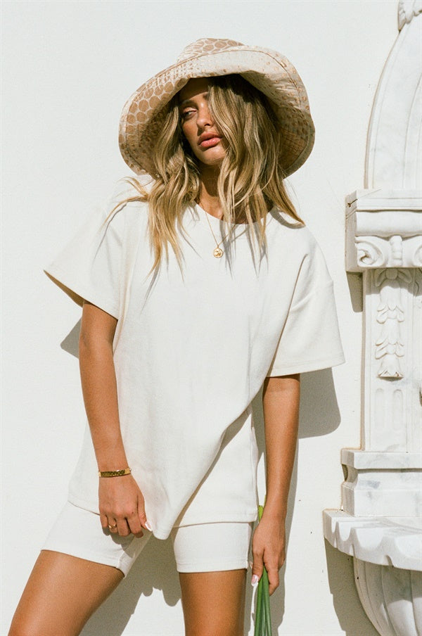 Comfy Cream Ribbed Short - Sleeve High - Rounded Neck Mellow Tee