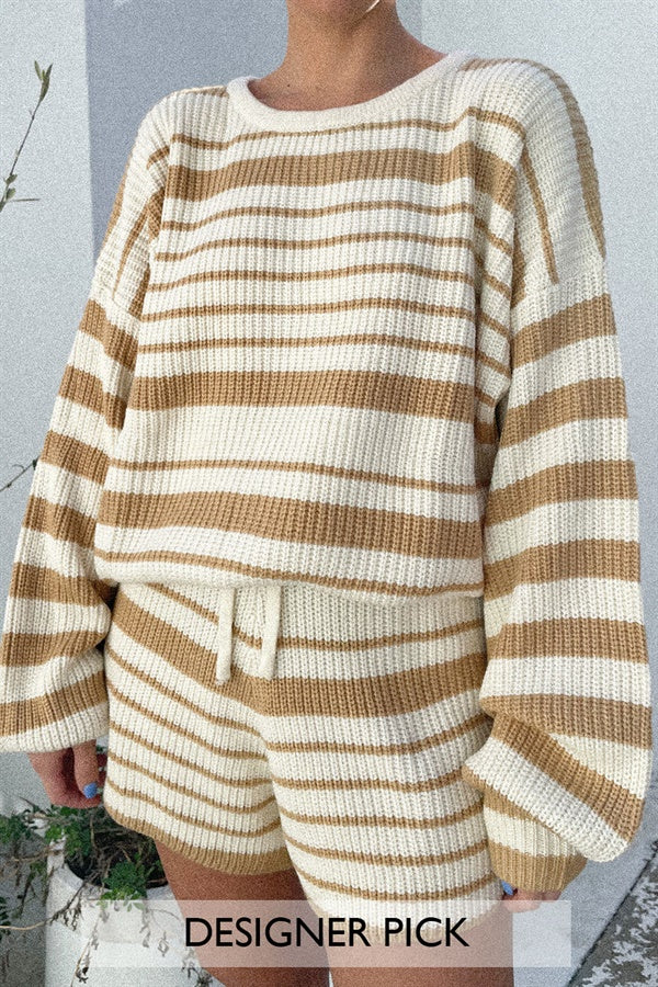 Cozy Cream Ribbed Mirai Knit Shorts with Tan Stripes