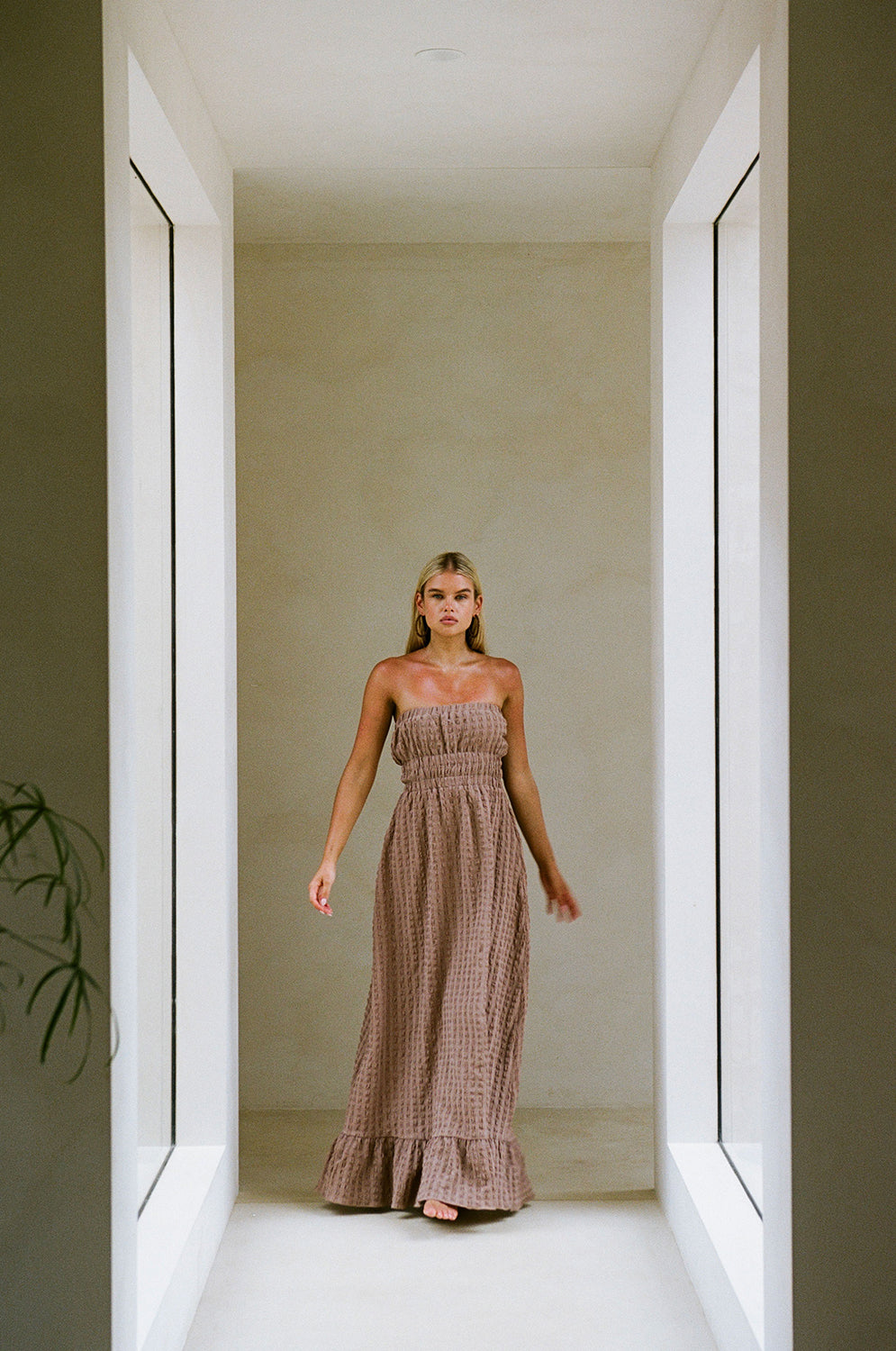Chocolate Brown Textured Bubble Fabric Strapless Maxi Mya Dress