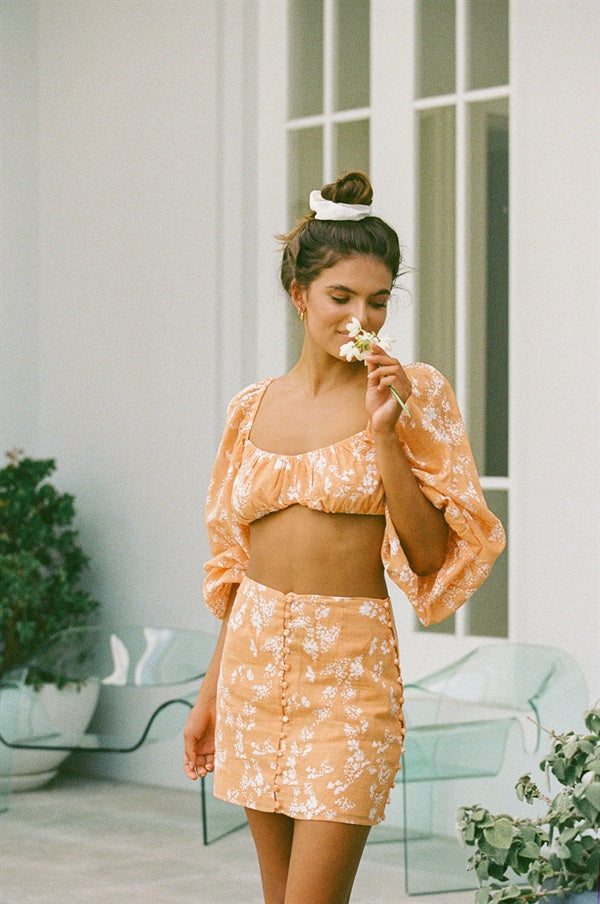 Sabo-Designed Orange Speckled Floral Print Jazmin Bandeau Summer Party Top