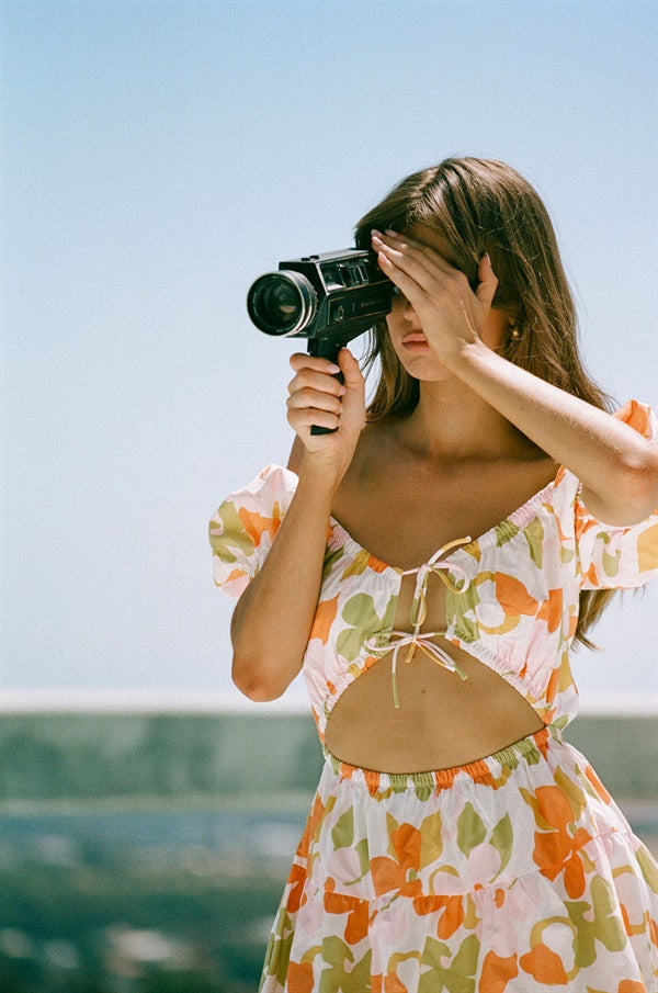 Exquisite Cherise Off - Shoulder Women's Cotton Dress with Hand - Painted Dusty Floral Print