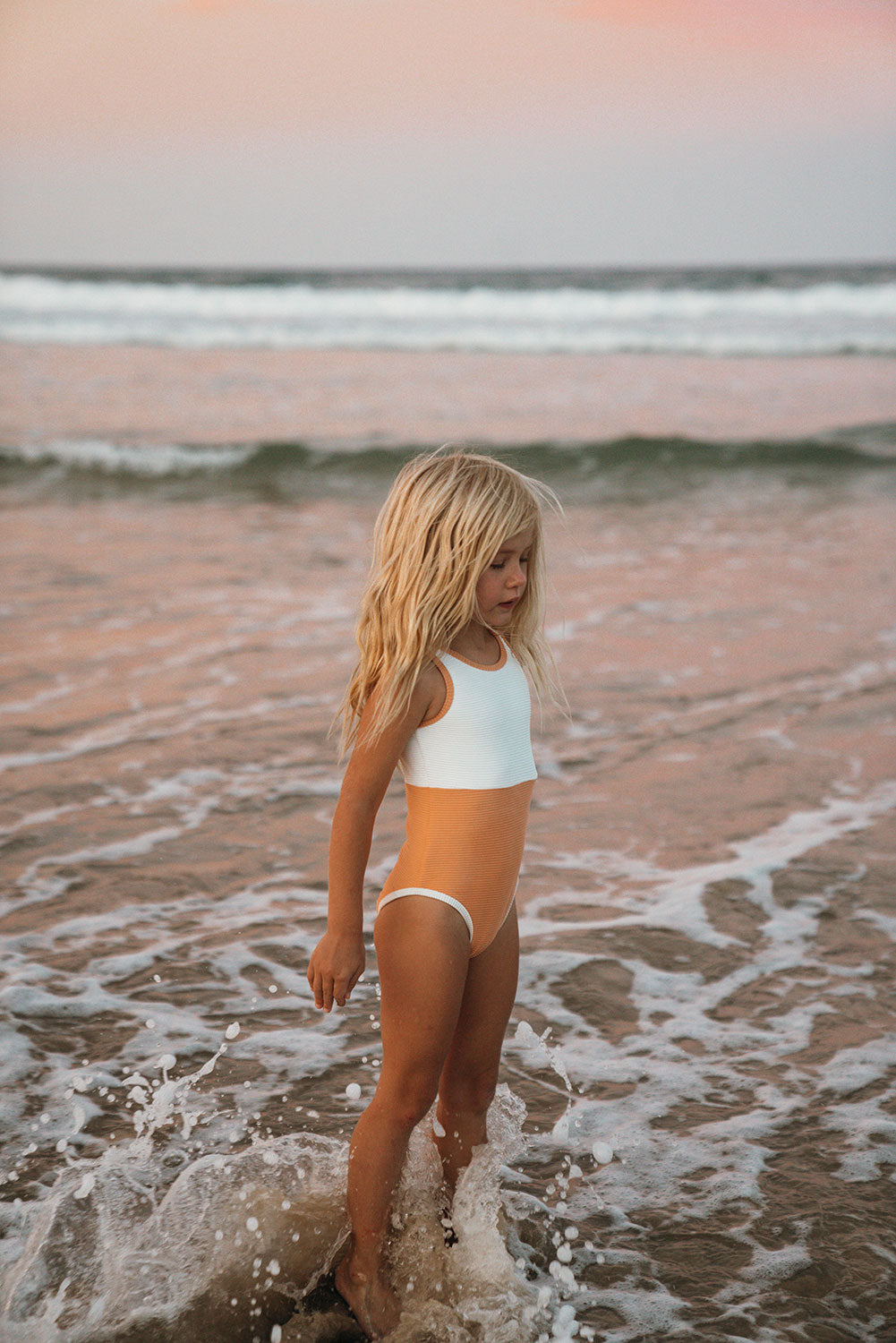 Ariel Orange Girls' Stretchy Ribbed Swimsuit for Beach and Sun