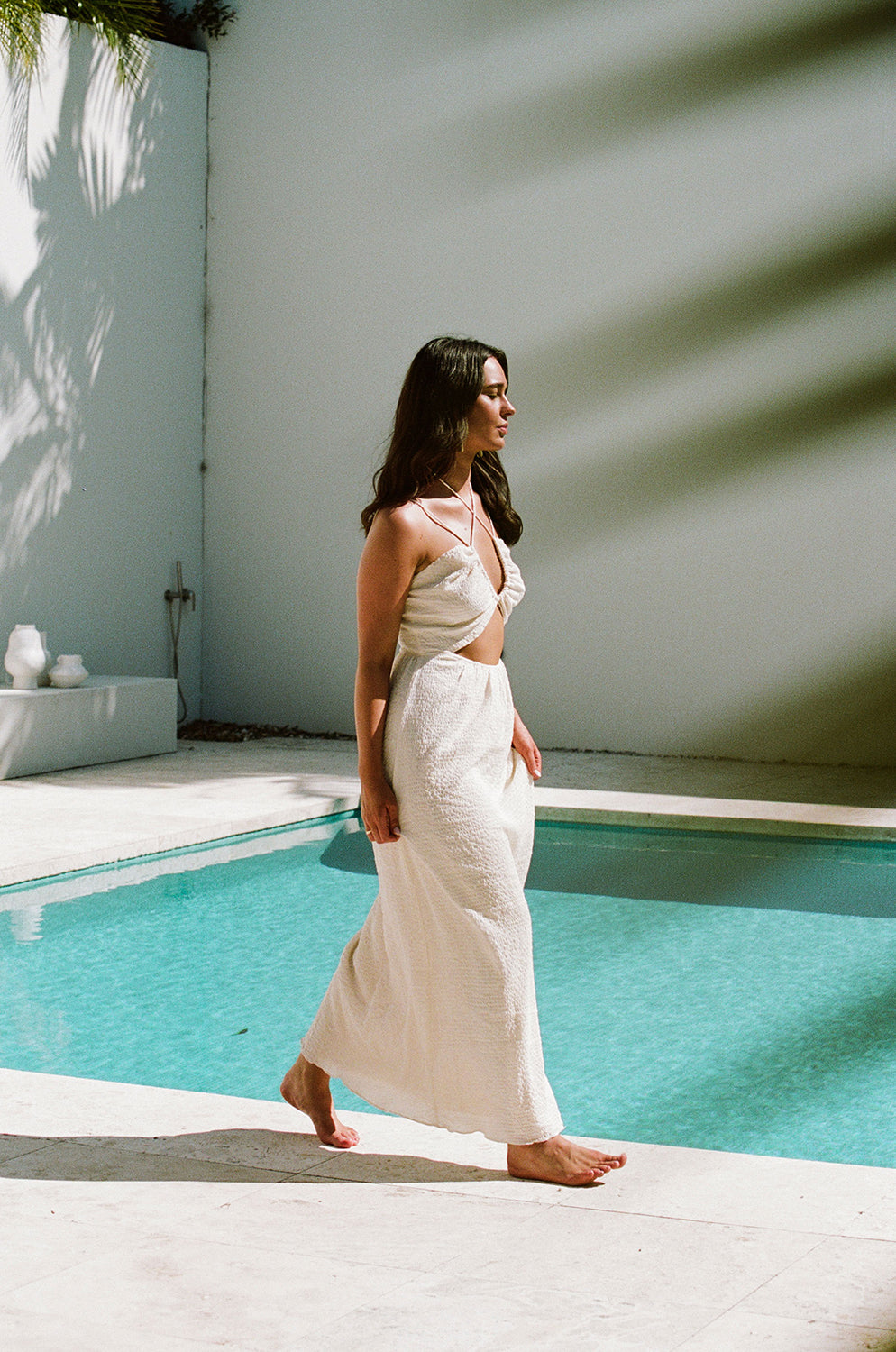 Cream Textured Crepe Bardot Dress for Bridal Events