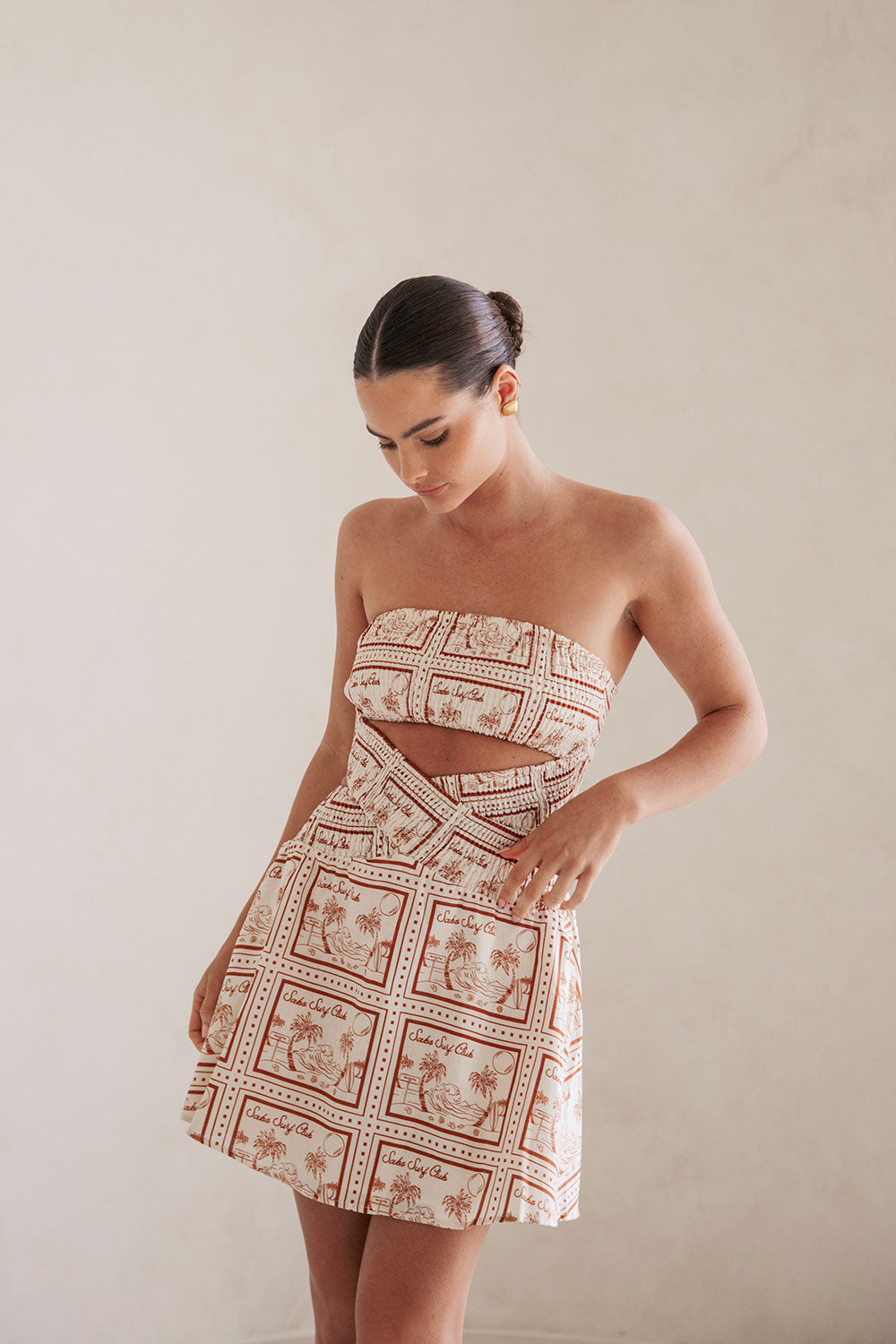 Sabo Postcard Print Kaiana Strapless Cutout Mini Party Dress