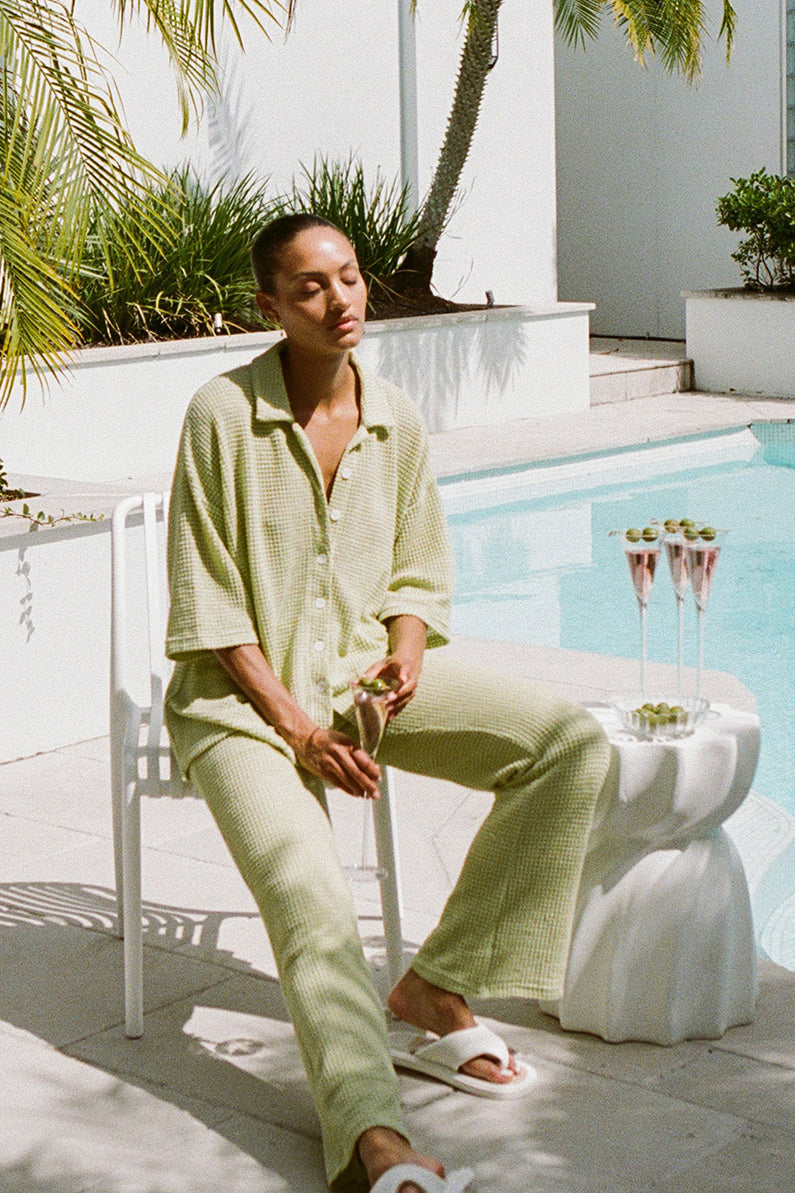 Exclusive Sabo Designed Lightweight Green Kai Pants with Flared Hems