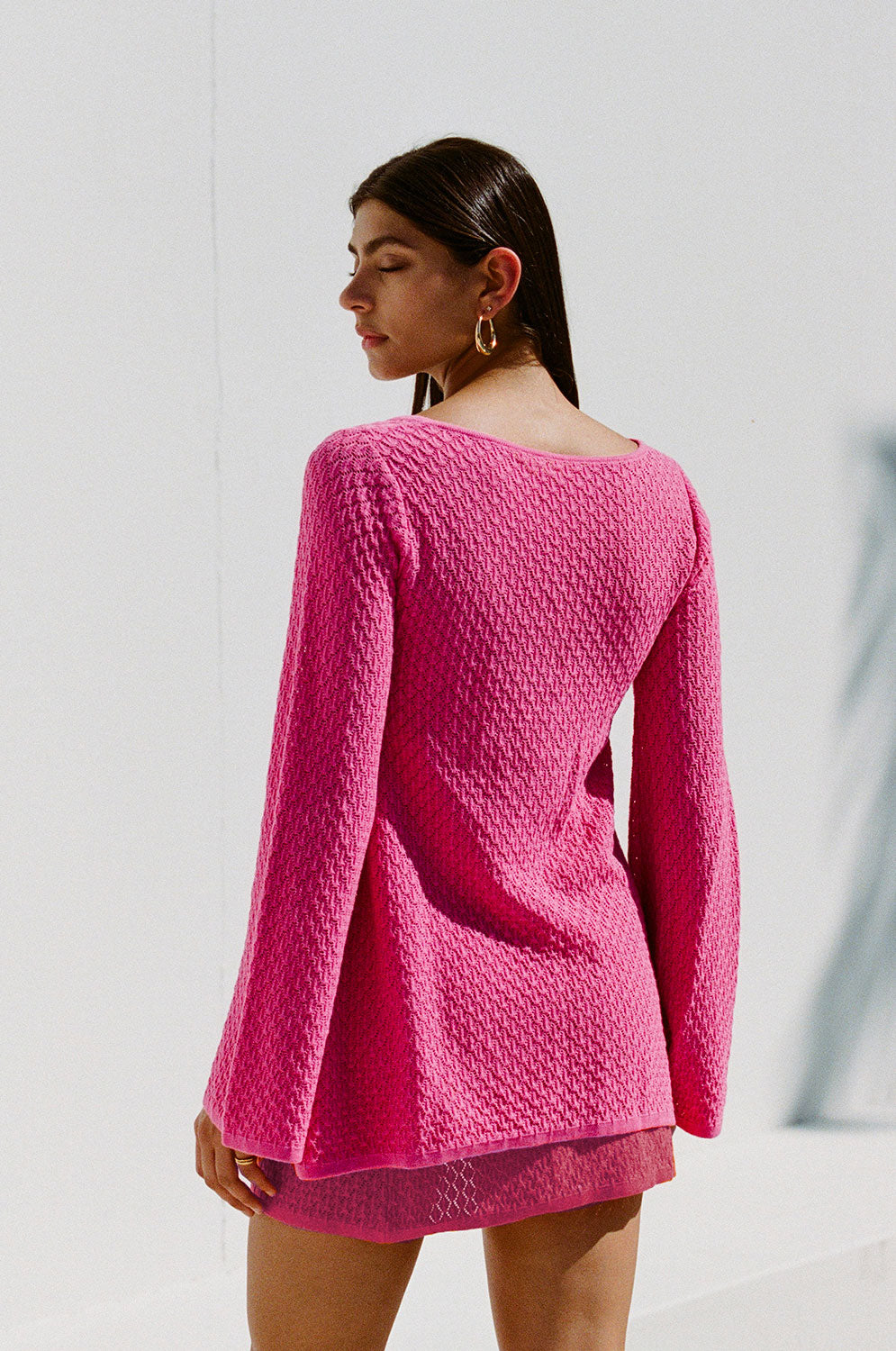 Vibrant Pink Cotton Blend Jacquard Knit Baylie Top with Flared Sleeves