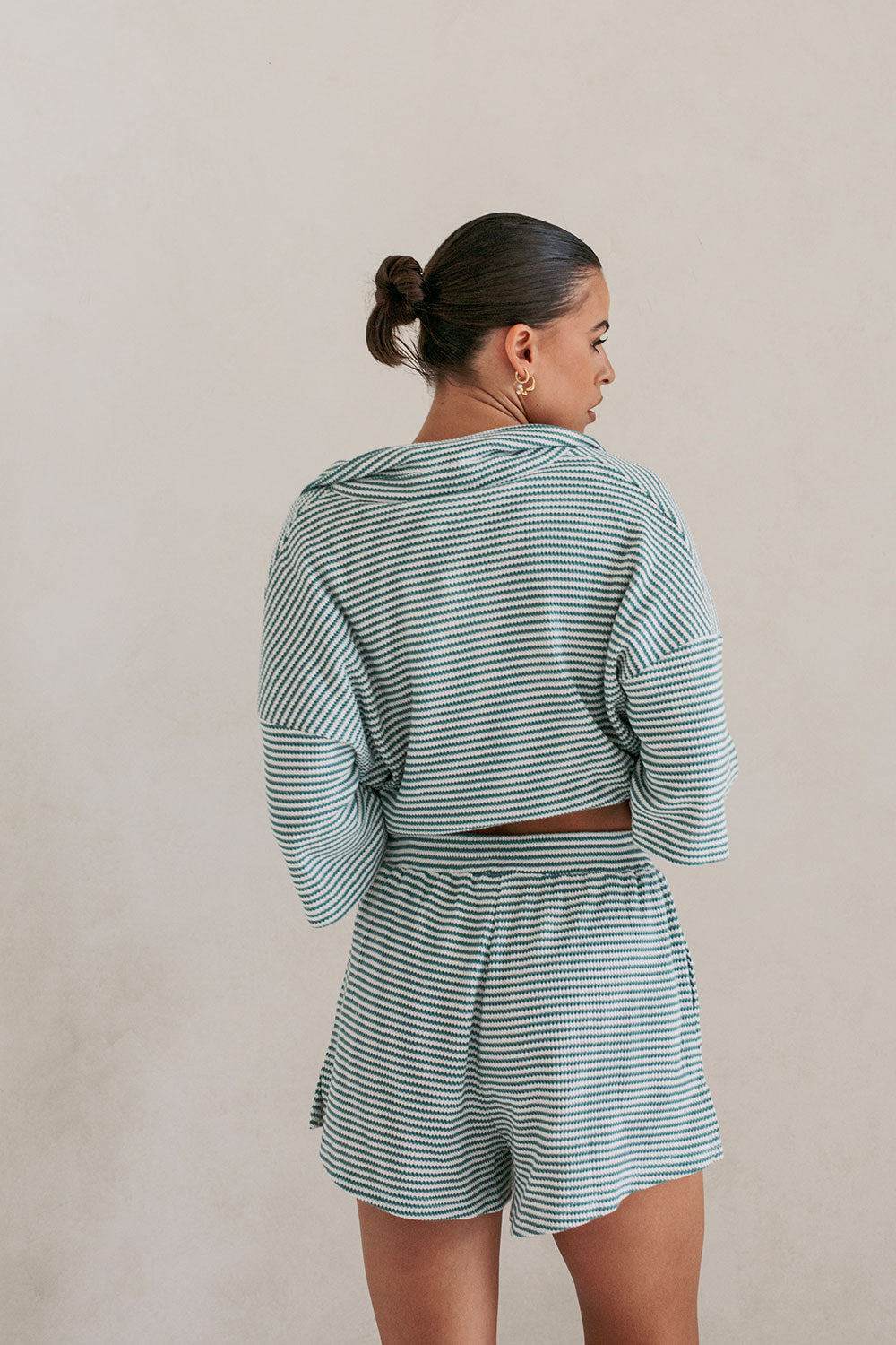 Sabo's Exclusive Teal Stripe Textured Rib Cotton Blend Mallory Shorts