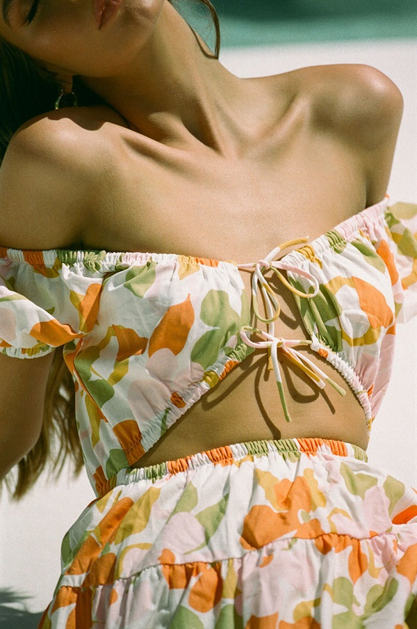 Exquisite Cherise Off - Shoulder Women's Cotton Dress with Hand - Painted Dusty Floral Print