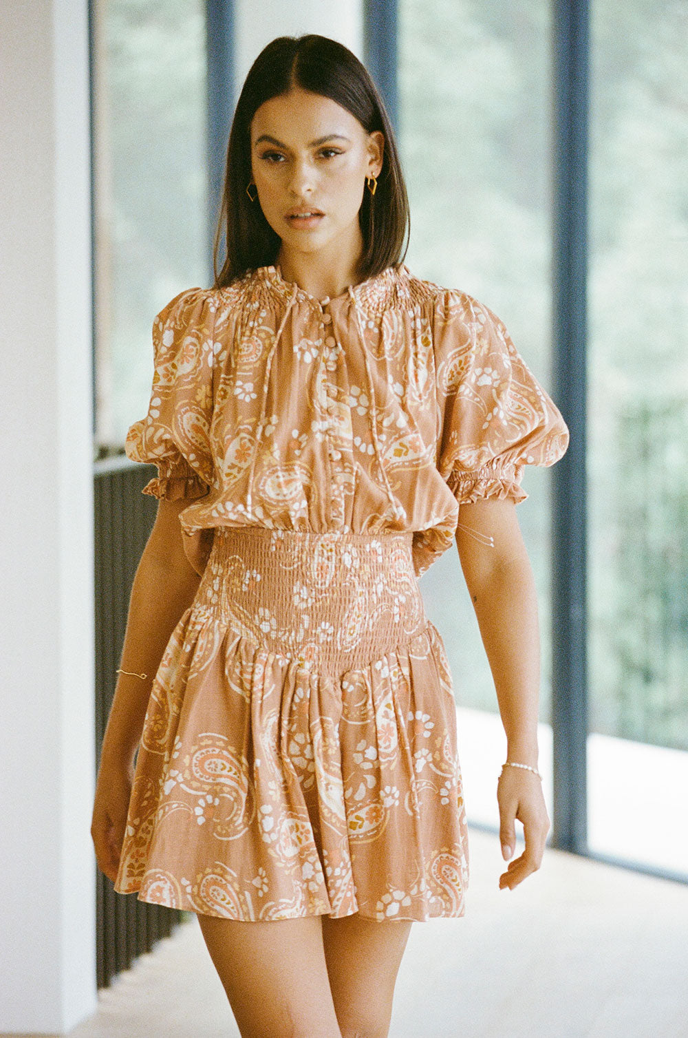 Stunning Tan Iliana Dress with Exclusive Earthy Paisley Print