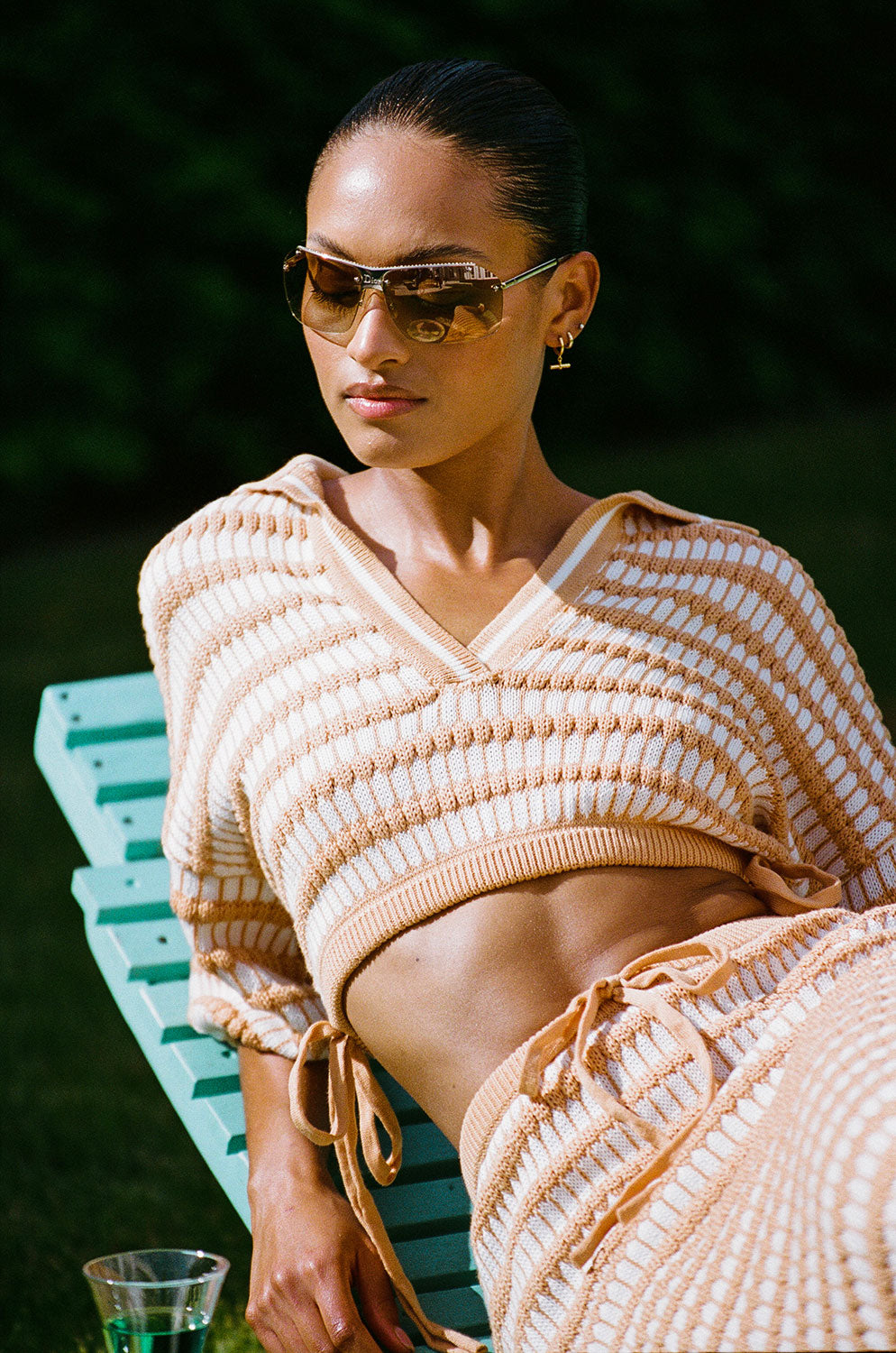 Vintage-Inspired Off-White Knit Women's Top with Contrast Tan Stripes