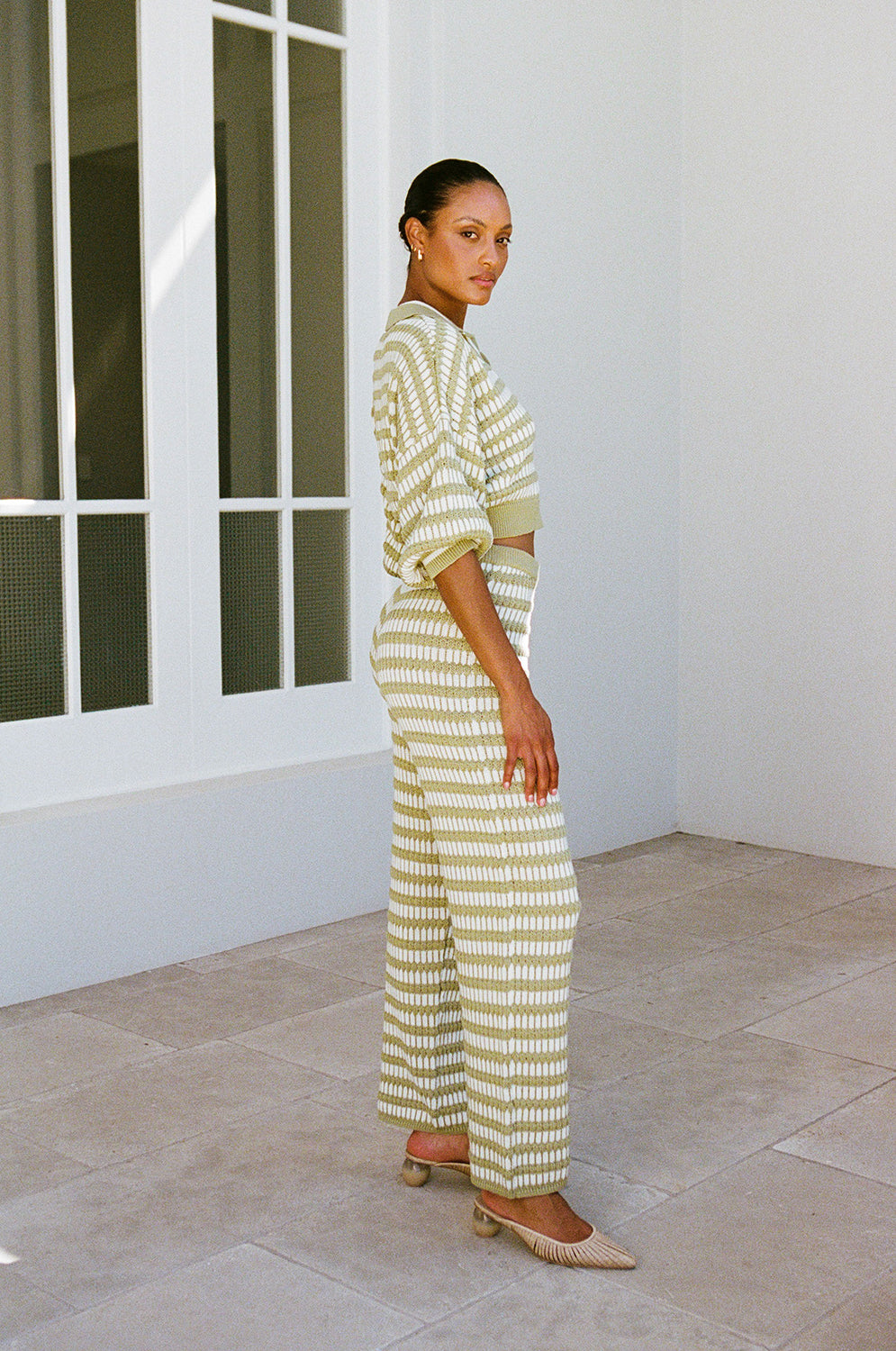 Sage and White Textured Striped Keyana High - Waisted Knit Pants
