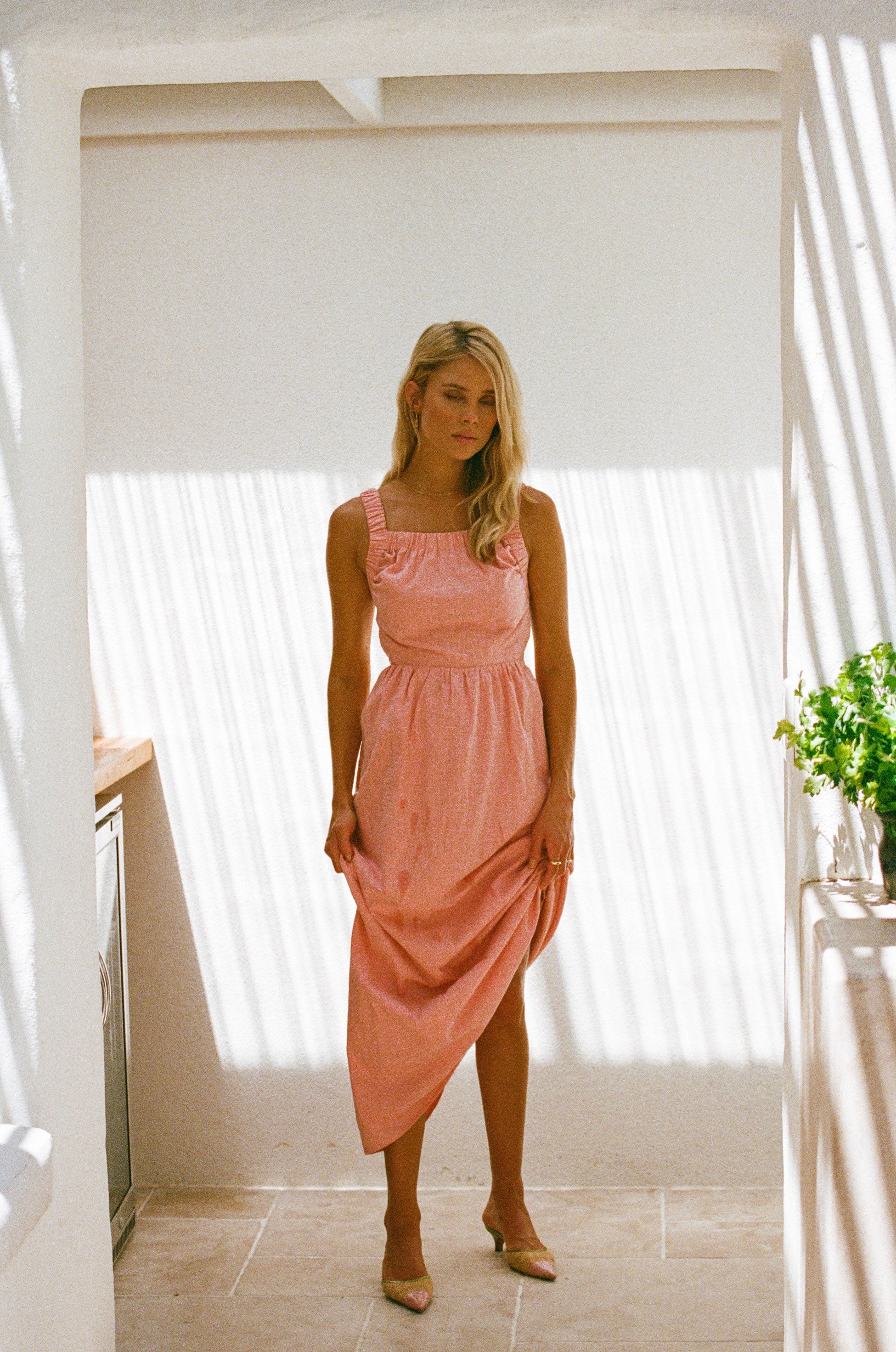 Feminine Pink High - Quality Cotton Backless Midi Dress Named Sondra