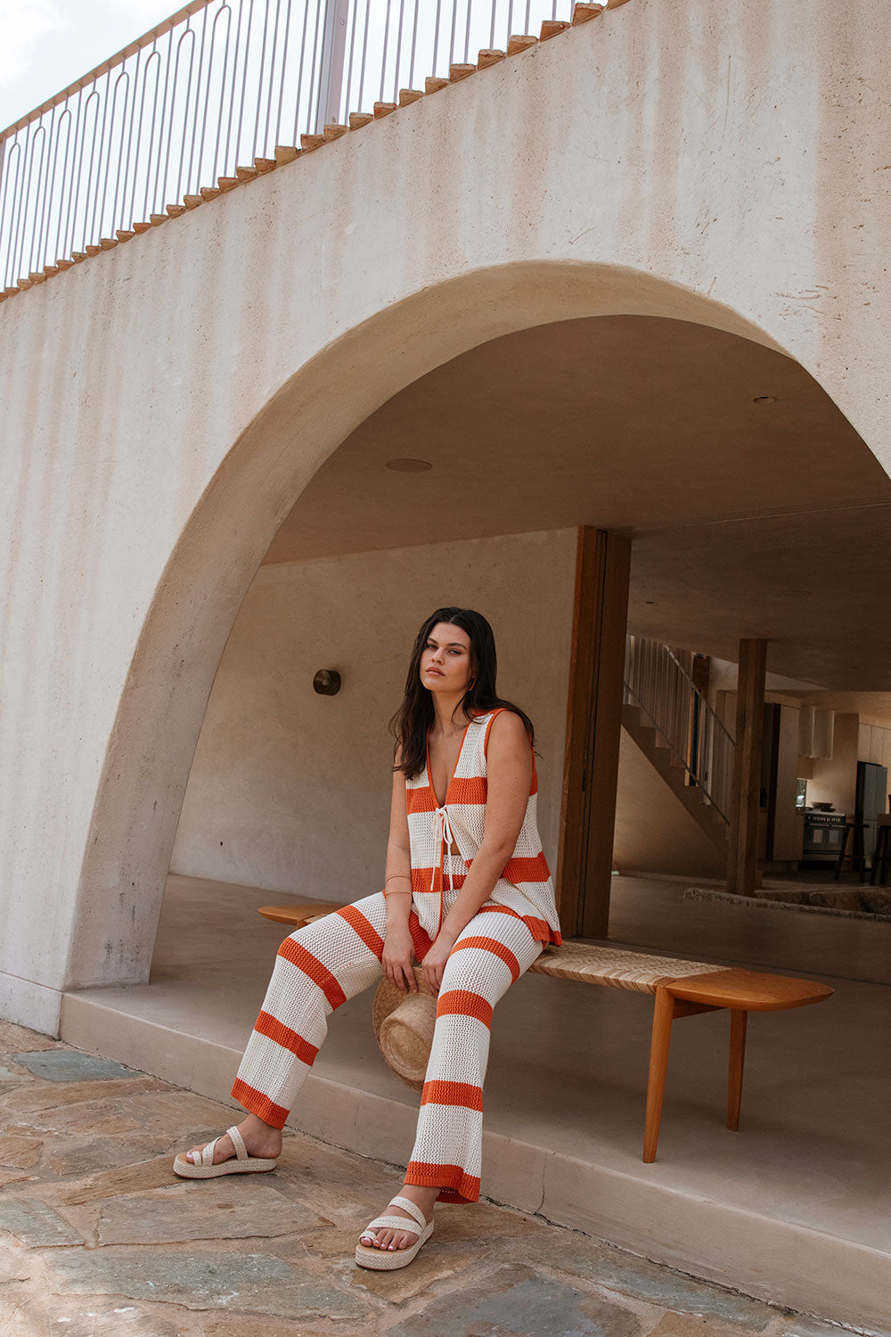 Sabo's Exclusive Cream and Burnt Orange High - Waisted Loose Cotton Knit Nantes Pants