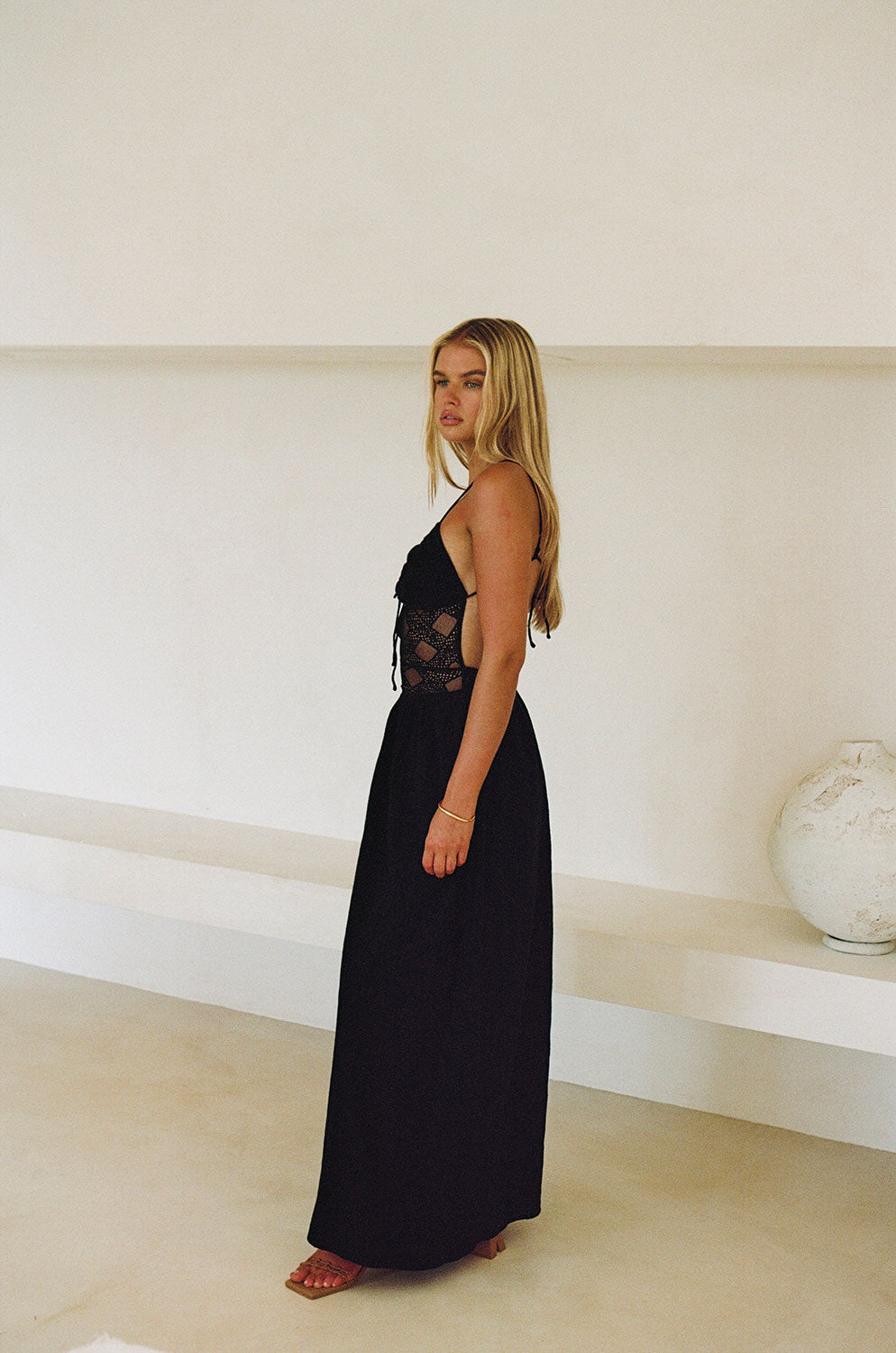 Black Raw Cotton Backless Molly Dress with Flouncy Maxi Skirt