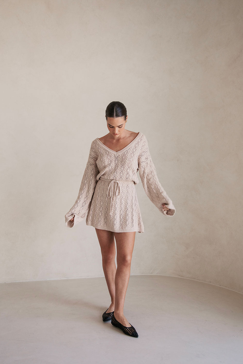 High - quality Natural Cotton Pointelle Knit Garnet Season - spanning Dress