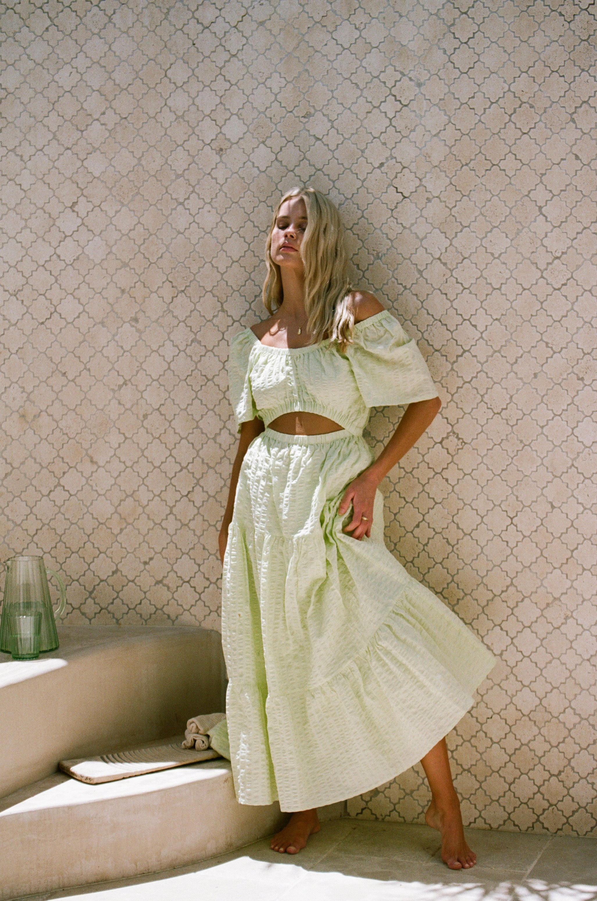 Stunning Green Natural Cotton Seersucker Armelia Maxi Dress with Flared Sleeves