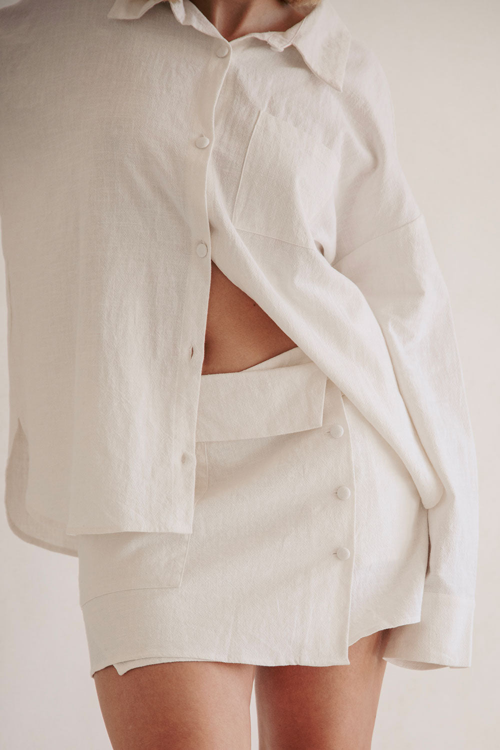 Sabo's Exclusively Designed White Mila Cotton - Ramie Blend Wrap Mini Skirt