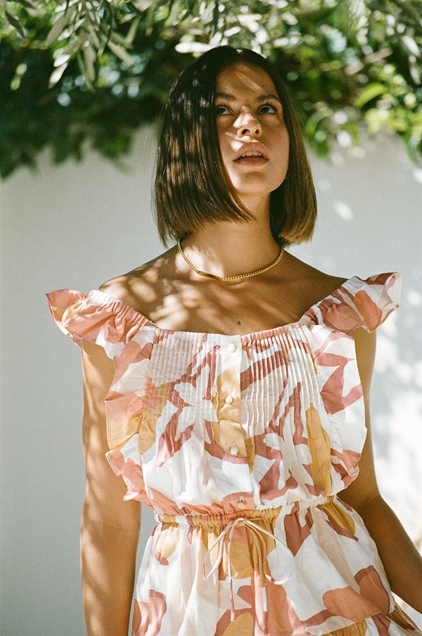 Exclusive Blush Floral Printed Linen Cotton Blend Mao Dress with Ruffles