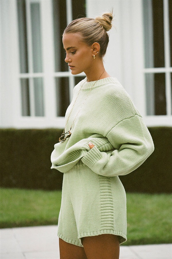 Ayva Soft Cotton Blend Green Relaxed Style Knit Sweater