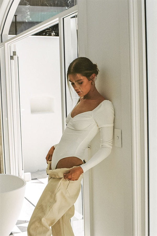 Exclusively Designed Off-White Slightly Stretchy Ribbed Gio Bodysuit