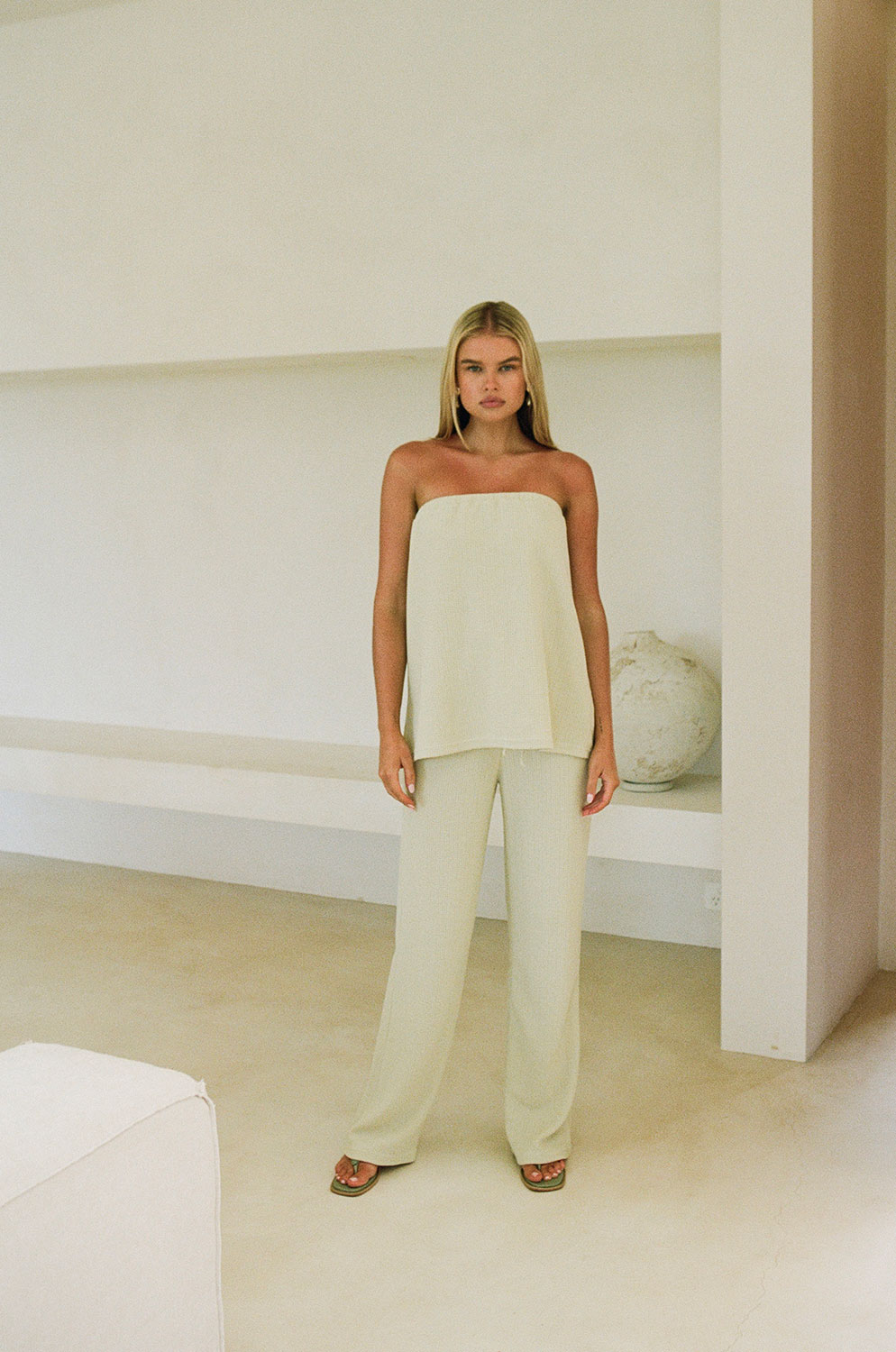 Comfortable Creamy Sage Textured High Waisted Ellira Pants with Drawstring
