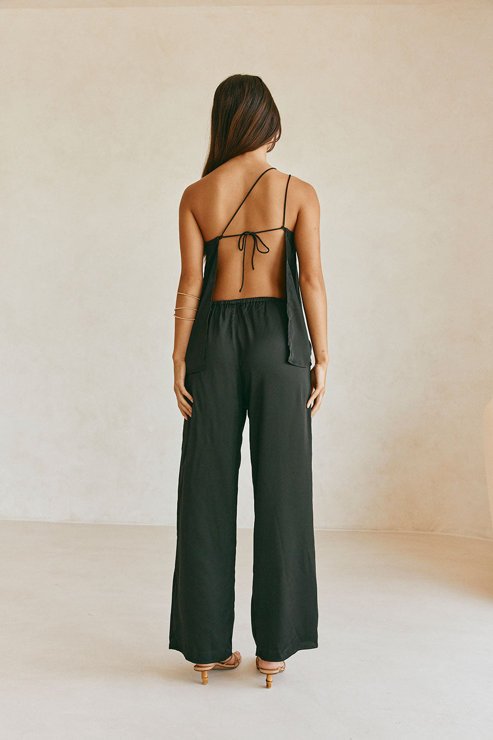 Elegant Adeline Women's Black Matte Silk Pants with Drawstring Waist