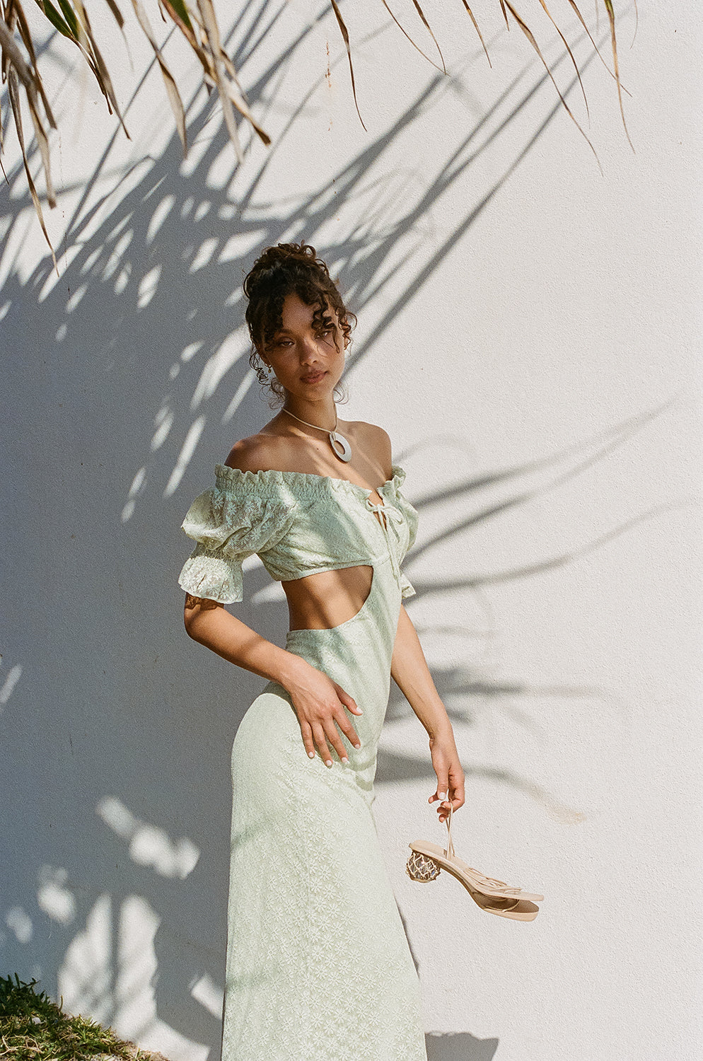 Mint Hue Soft Lace Off Shoulder Frill Detailing Midi Amelda Dress