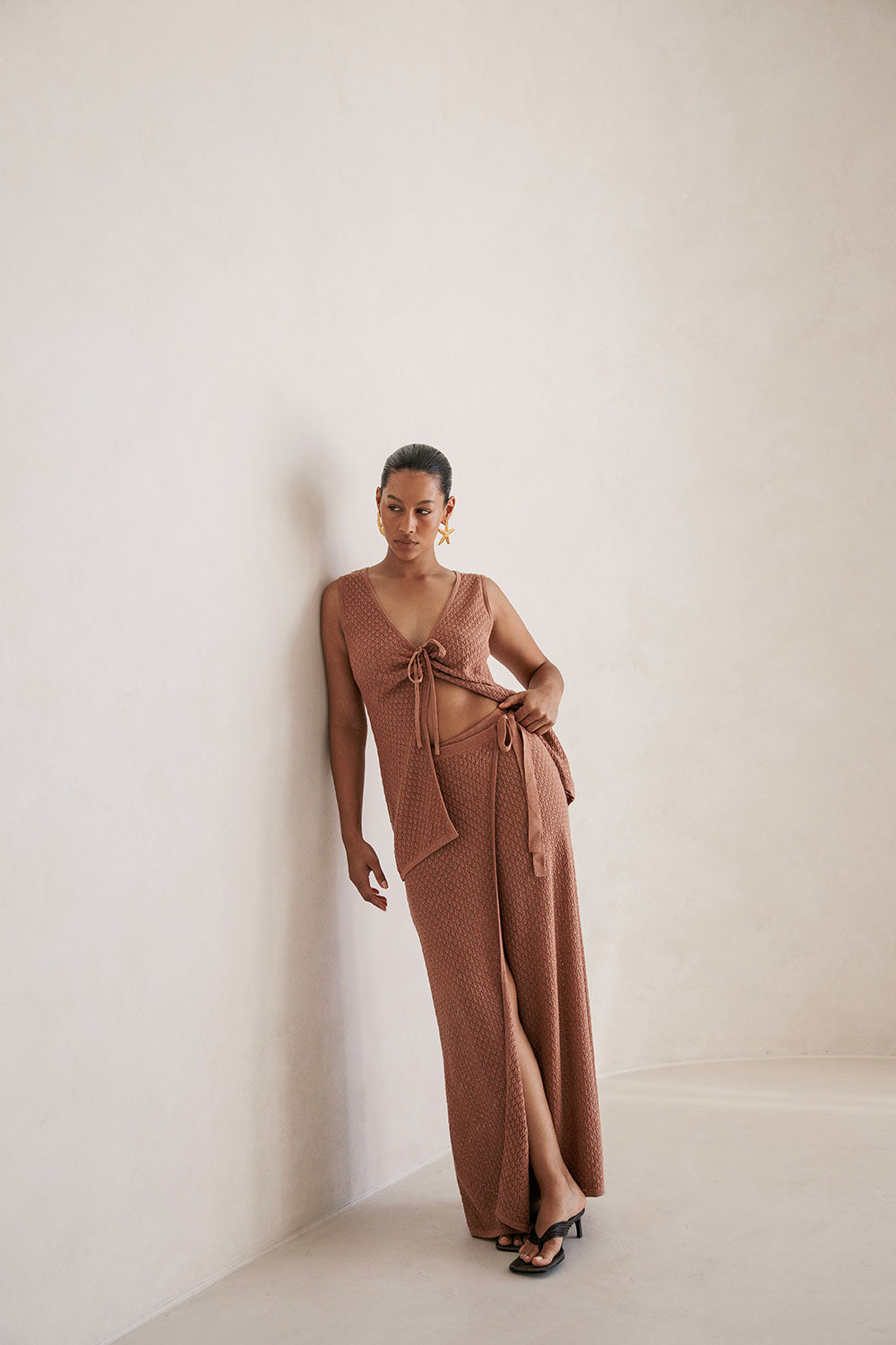 Tan Cotton Blend Pointelle Knit High Waisted Wrap Front Maxi Sonnet Skirt