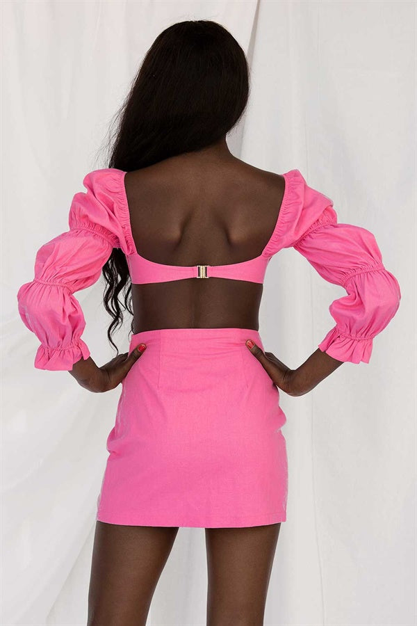 Vibrant Pink Natural Cotton - Linen Blend High - Waisted Jade Skirt