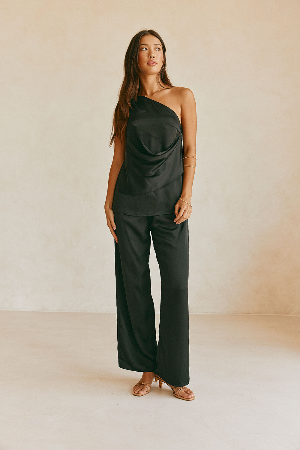 Elegant Adeline Women's Black Matte Silk Pants with Drawstring Waist