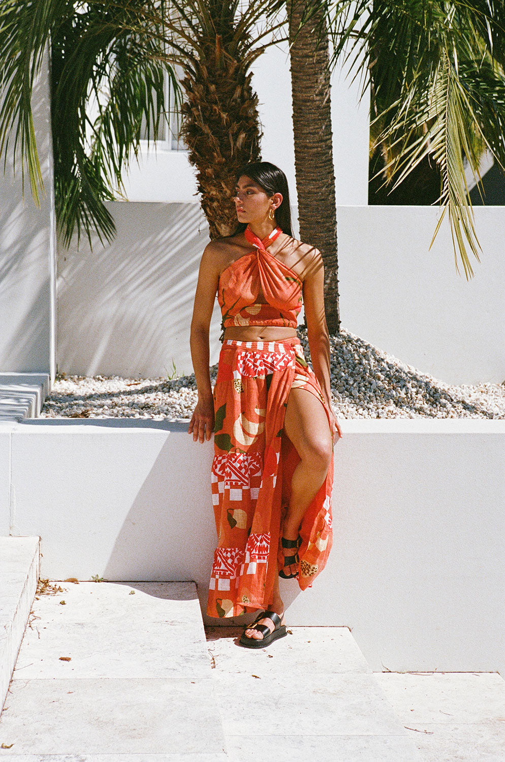 Italian-Inspired Lopez Cropped Halter Top with Exclusive Dolce Rossa Print