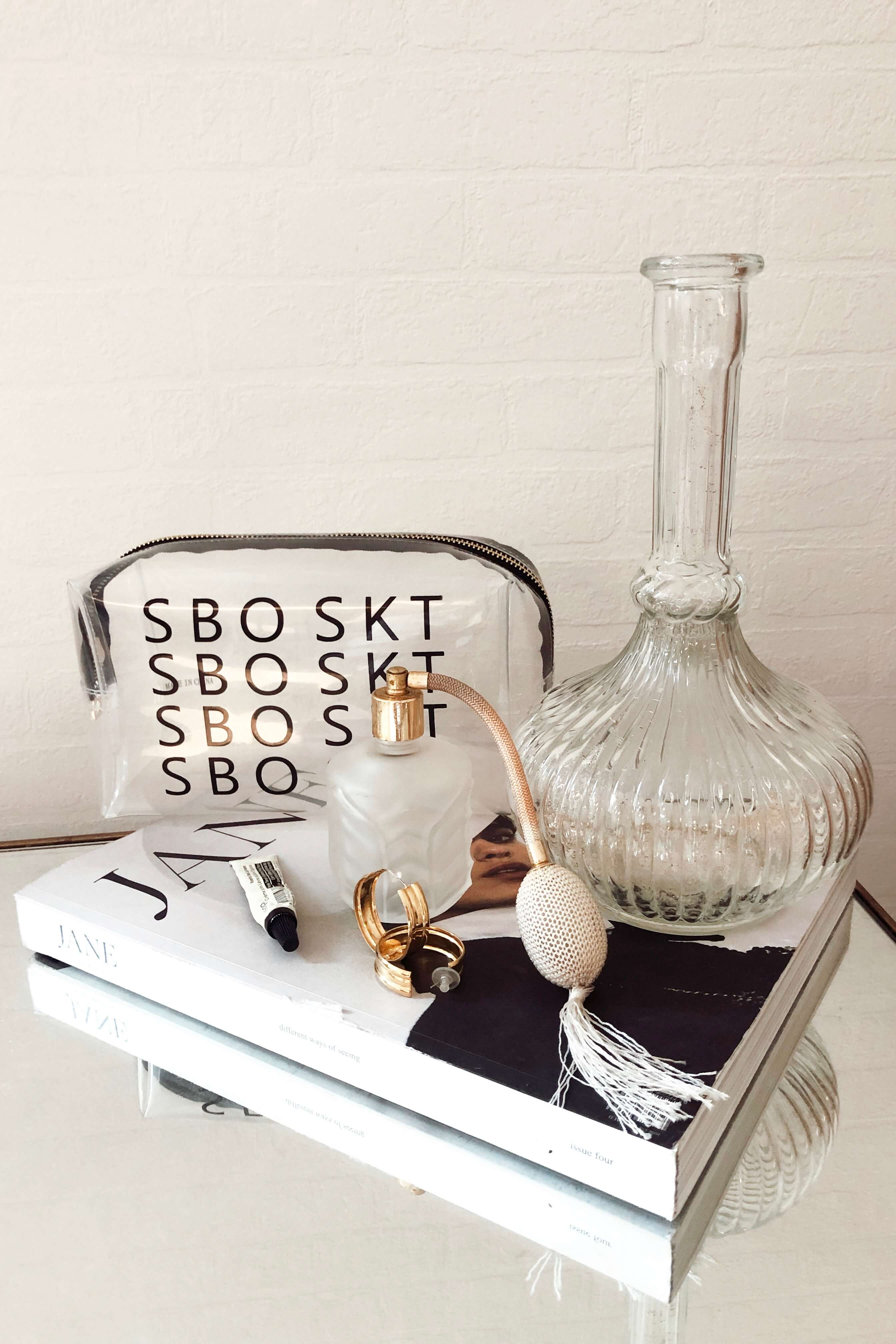 Sabo Skirt Transparent Cosmetic Bag with Black Printing and Gold Zip