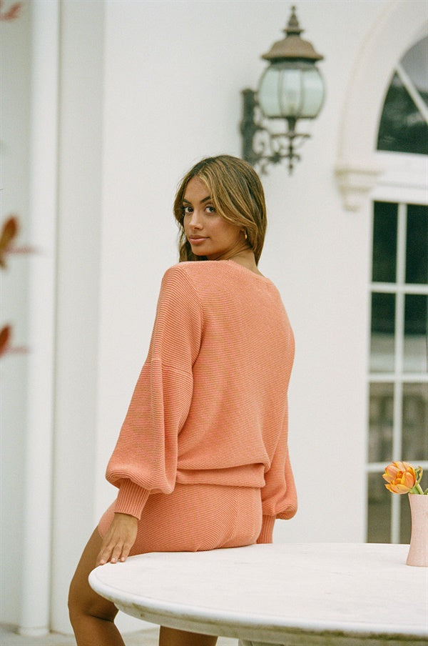 Soft Natural Cotton Dusty Orange Sunset Knit Top with Puff Sleeves