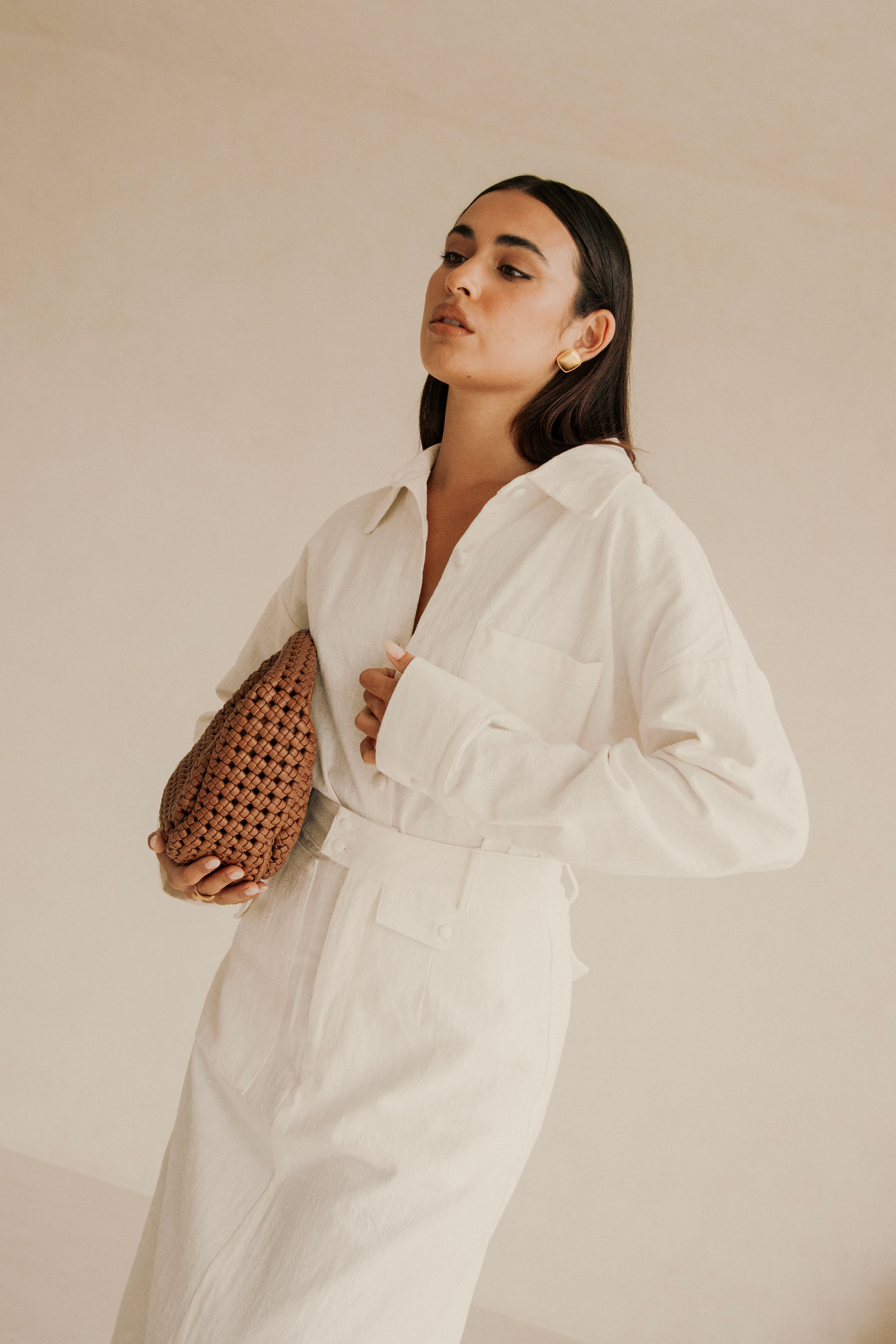 White Natural Ramie Cotton Blend Relaxed Mila Top with Collar and Pocket