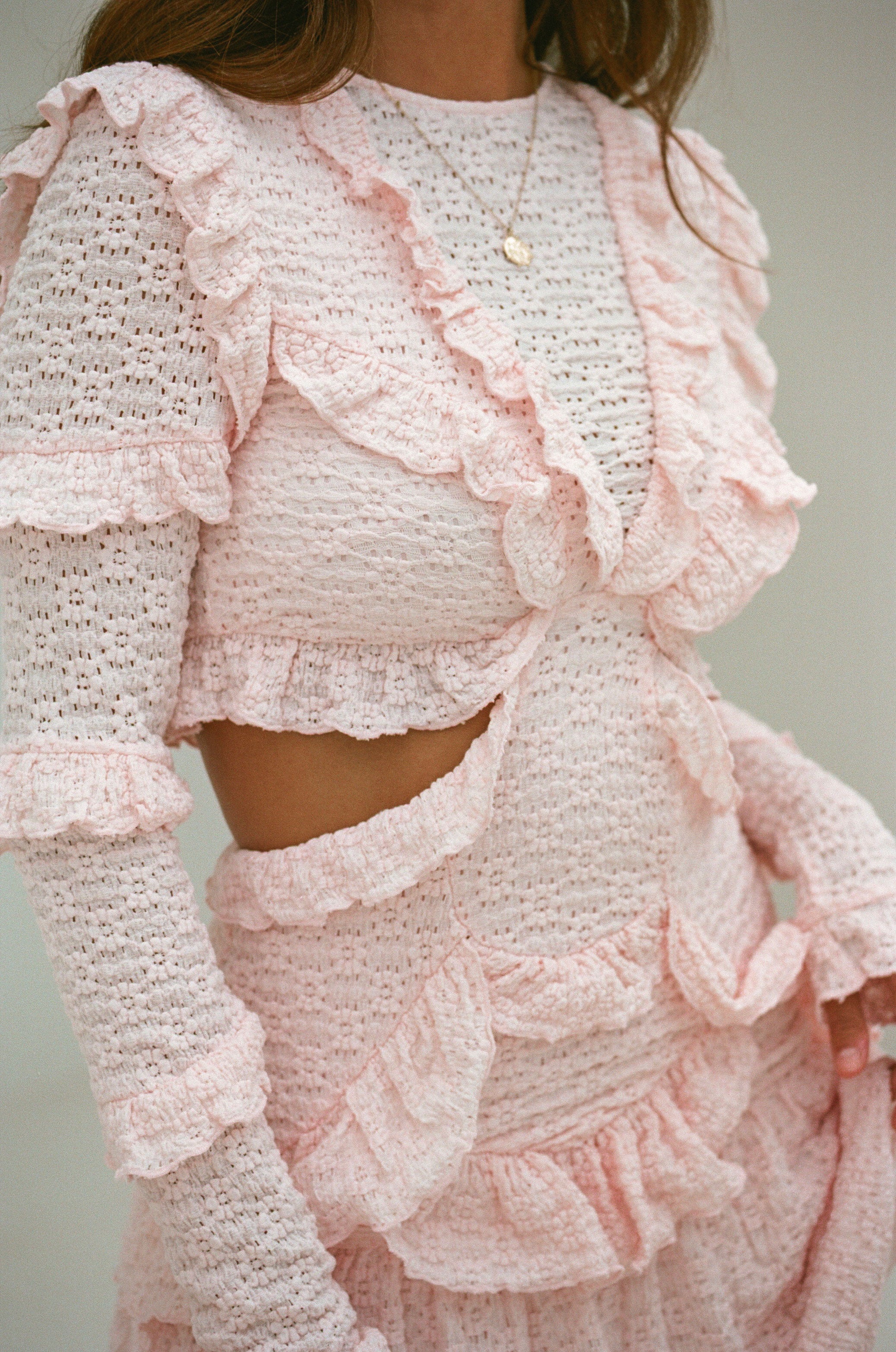 Sabo's Exclusively Designed Soft Pink Feminine Dara Frilled Evening Dress