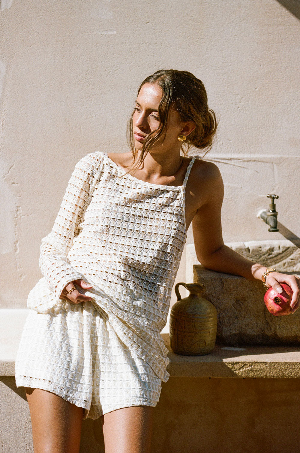 Stylish Cream and White Jacquard Knit Suka Resort Shorts